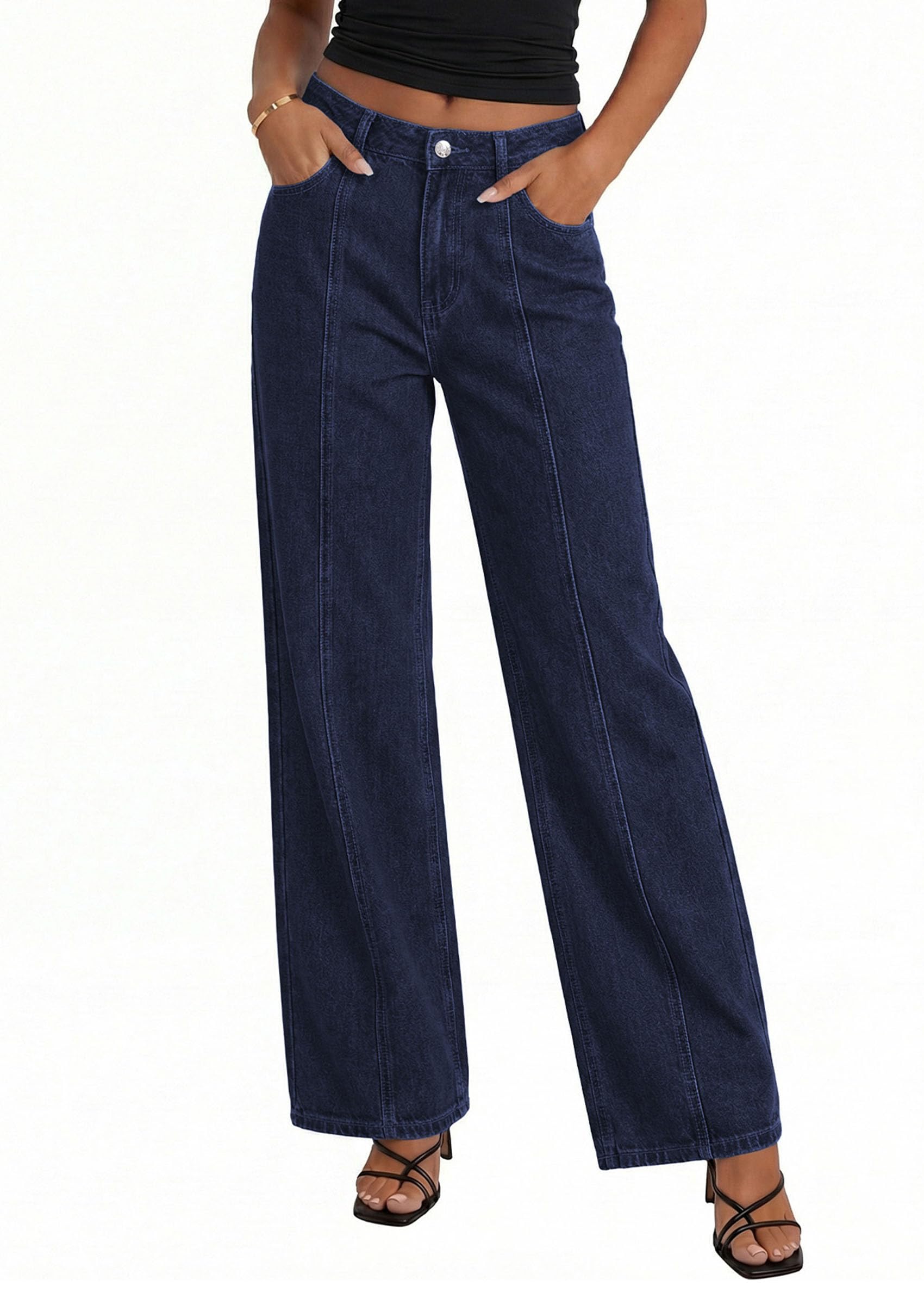 PRETTYGARDEN Women's Wide Leg Jeans High Waisted Stretchy Baggy Seamed Front Denim Palazzo Pants Summer Fashion Clothes