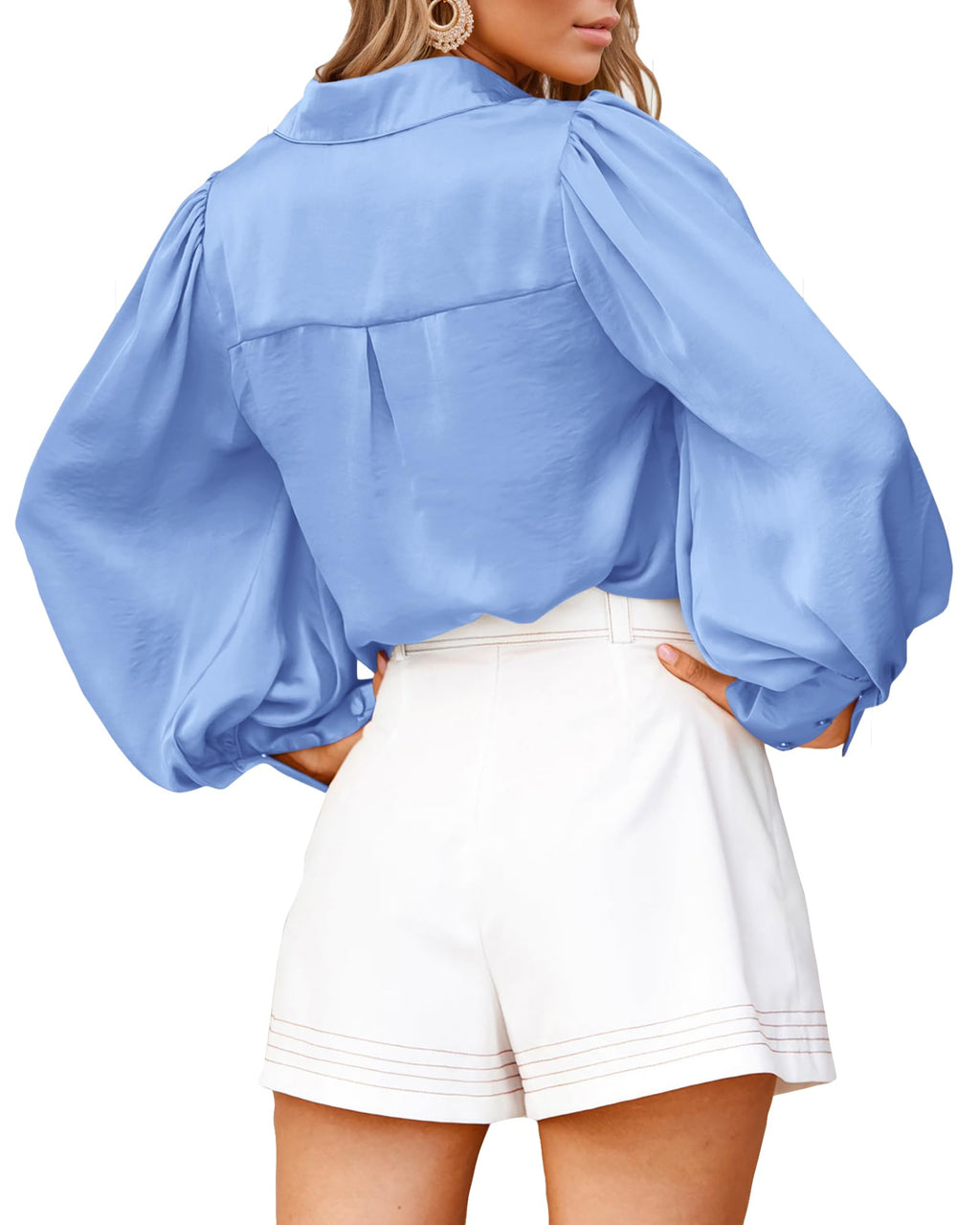 BTFBM Women Satin Blouses Summer Fall Clothes Button Down Lantern Long Sleeve Shirts Work Business Casual Dressy Tops