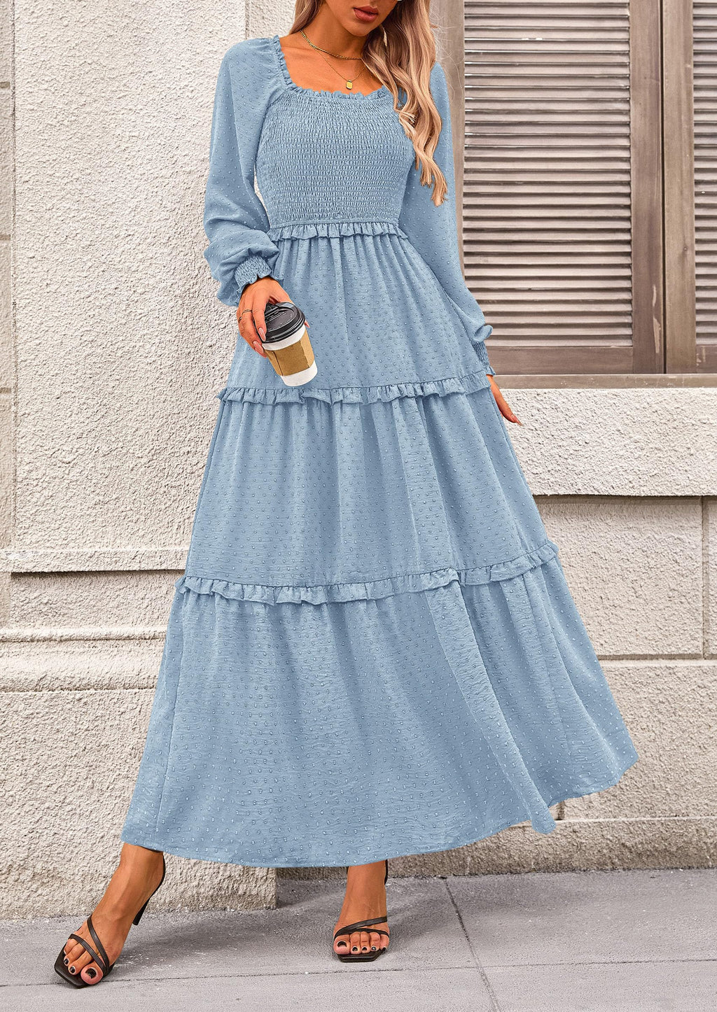 PRETTYGARDEN Fall Dresses for Women Long Sleeve Smocked Square Neck Swiss Dot Tiered Flowy Wedding Guest Maxi Dress
