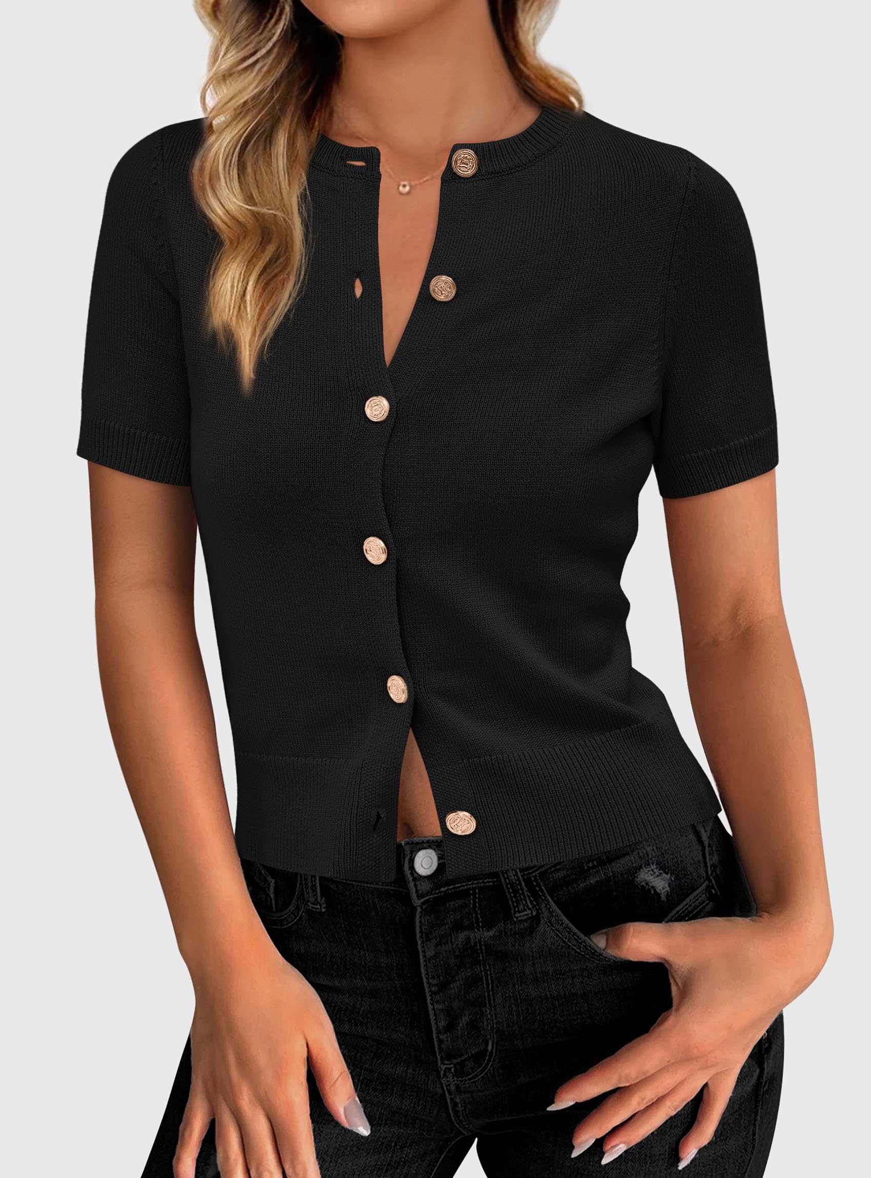 PRETTYGARDEN Womens Casual Summer Short Sleeve Cardigans Button Down Knitted Sweater Basic Crew Neck Crop Tops