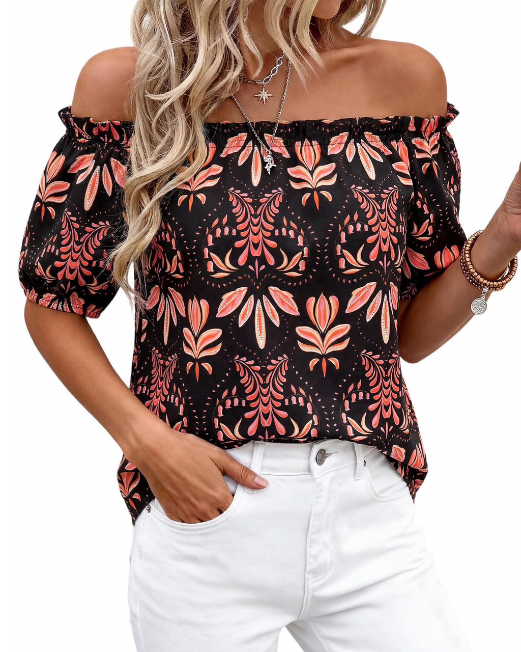 BTFBM Off The Shoulder Spring Tops for Women Summer Blouses Boho Floral Short Sleeve Shirts Dressy Casual Outfits
