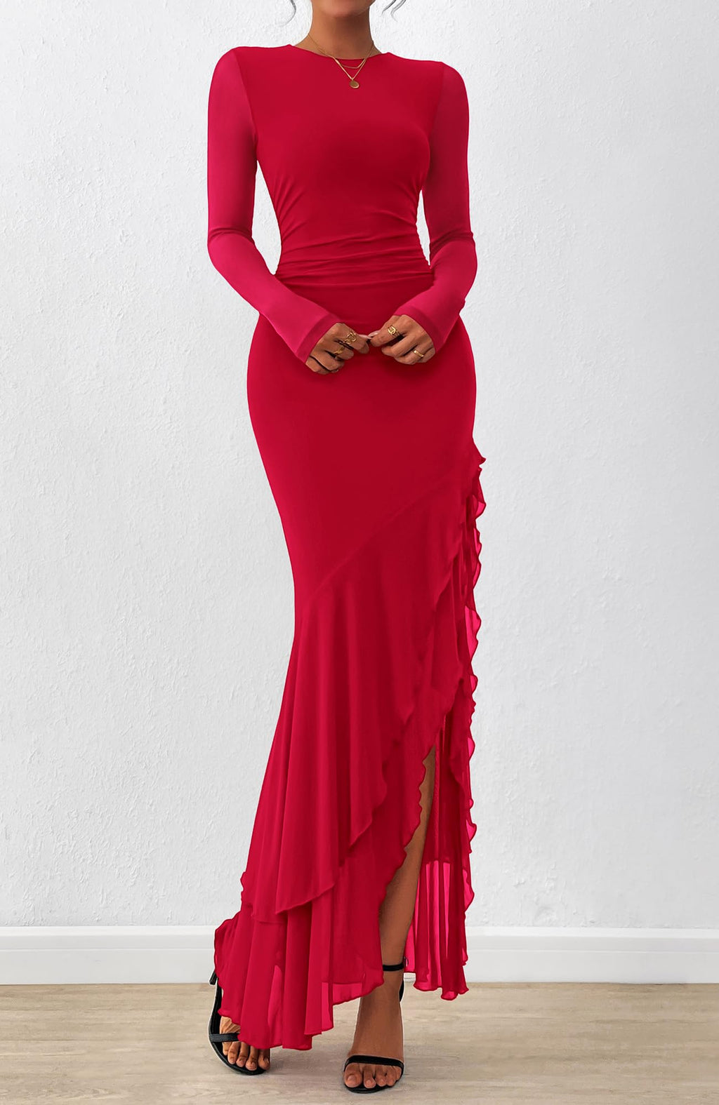BTFBM Women's Maxi Dresses Fall Long Sleeve Wedding Guest Dress Mesh,Ruched,Bodycon,High Split,Solid Color,Ruffle, Mermaid,Cocktail Dresses,Prom,Party,Homecoming Dress,Fall Outfits