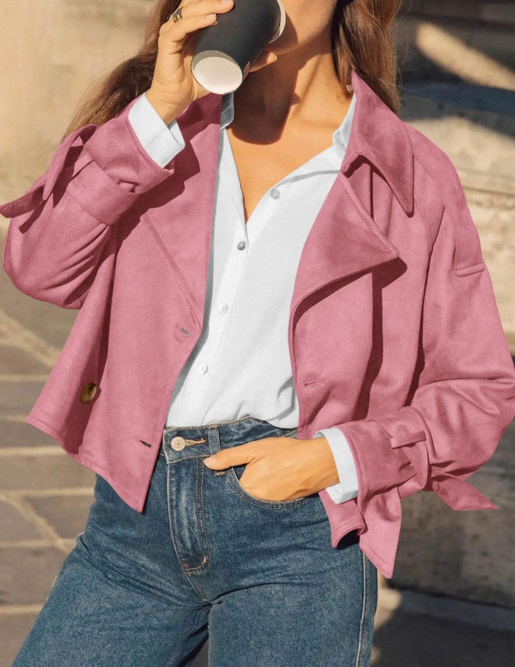 PRETTYGARDEN Women Faux Suede Double Breasted Trench Coat Cropped Jackets Raglan Long Sleeve,Lapel,Tie Cuff,Button Down,Fall Fashion Outerwear,Winter Clothes,Work Office Casual Short Jacket