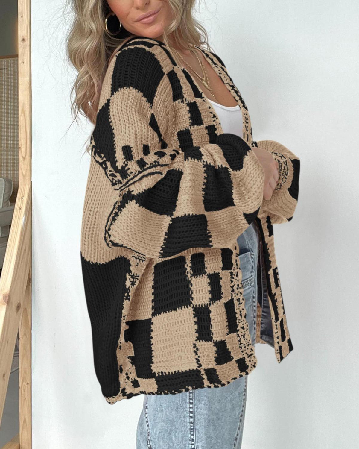 BTFBM Casual Cardigan Sweater for Women Fall Long Sleeve Sweaters Fall Outfits, Loose Fit,Solid,Open Front Chunky Knit Sweaters,Chunky Cardigan Sweaters For Women,Checkered Outwear Coat