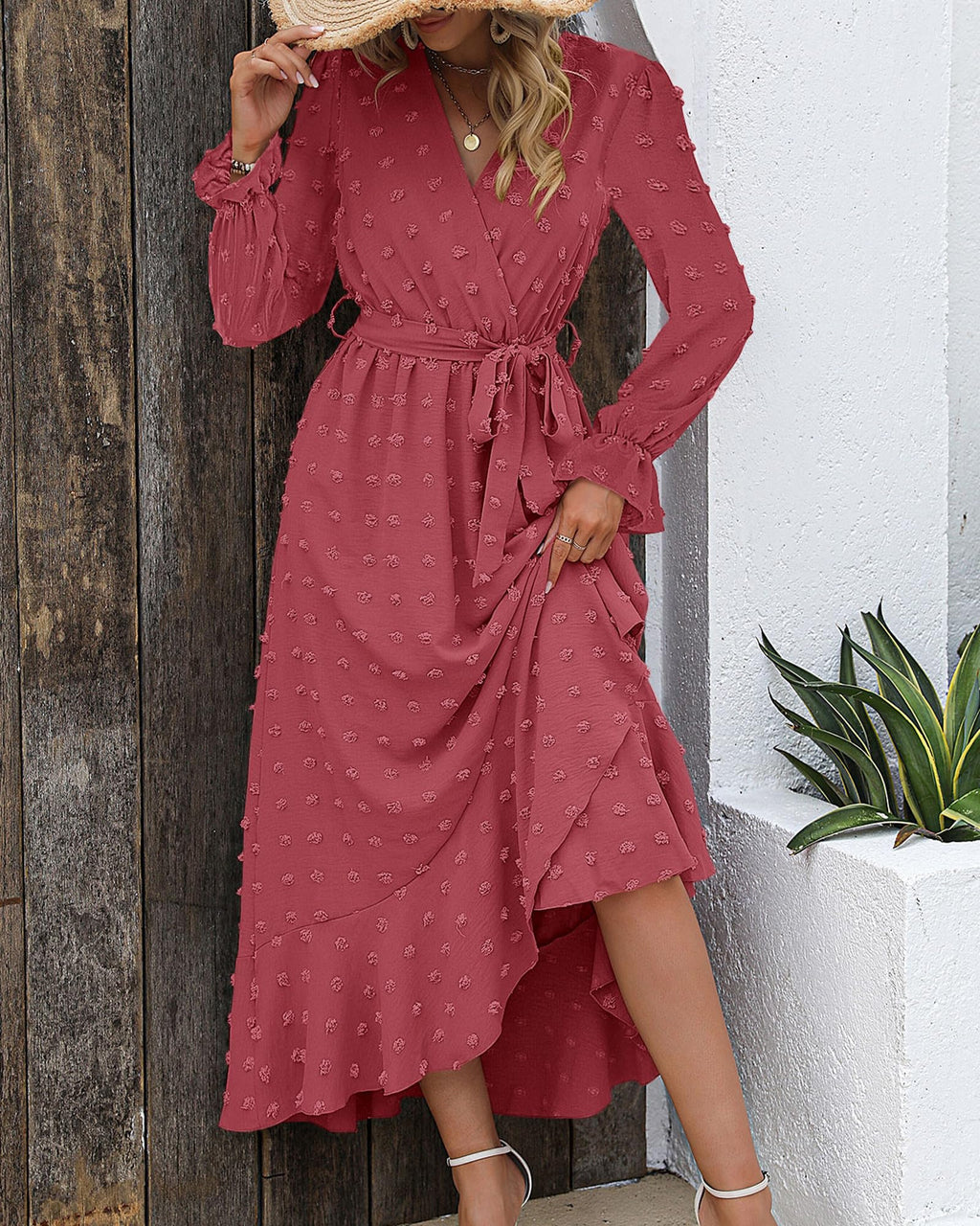 FreshPretty Long Sleeve Maxi Dresses for Women V Neck Swiss Dot Boho Flowy Slit Cocktail Wedding Guest Dress Fall Clothes
