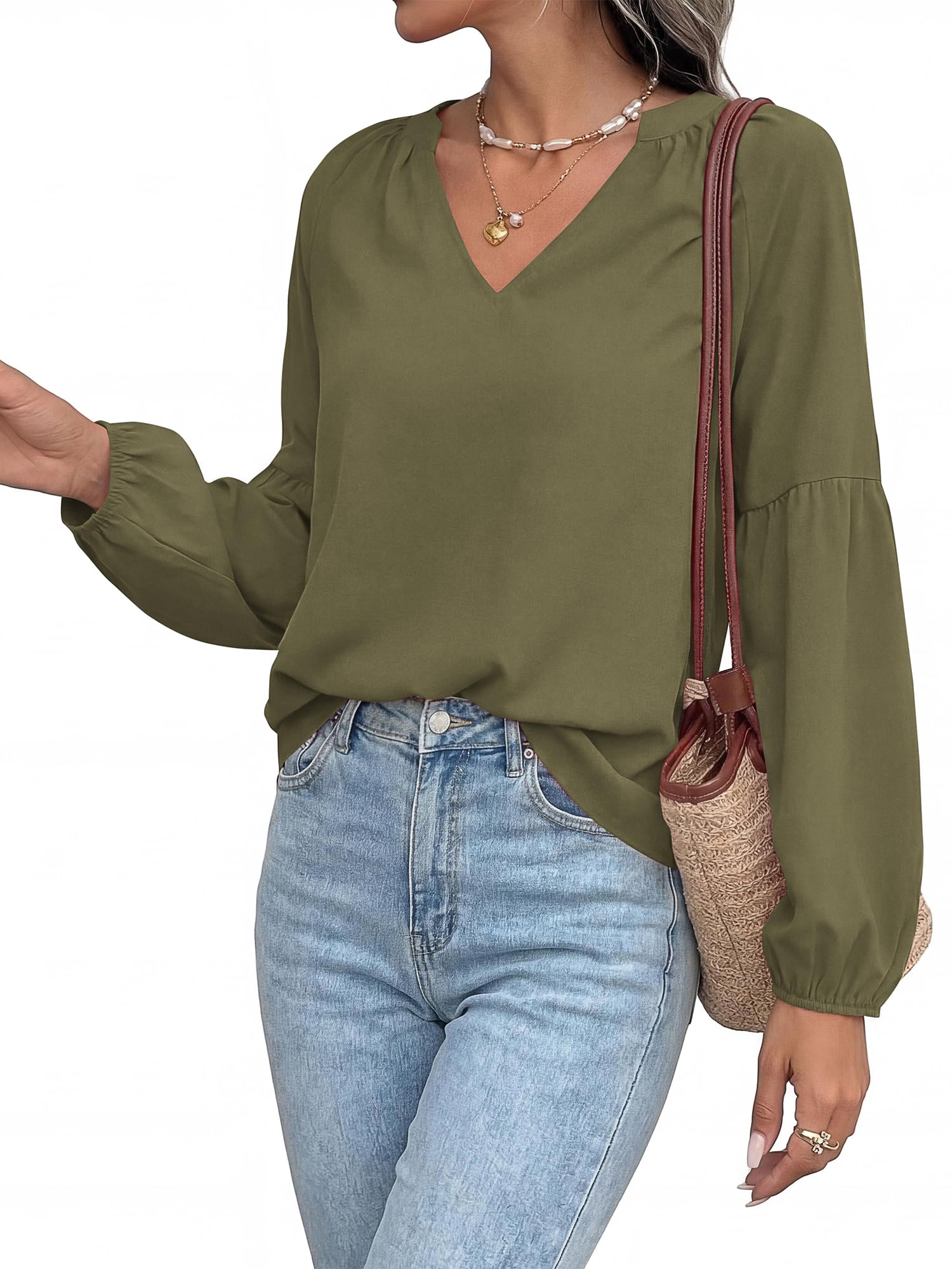 BTFBM Blouses for Women Dressy Casual Boho Tops V Neck Lightweight Long Sleeve Shirts Spring Clothes