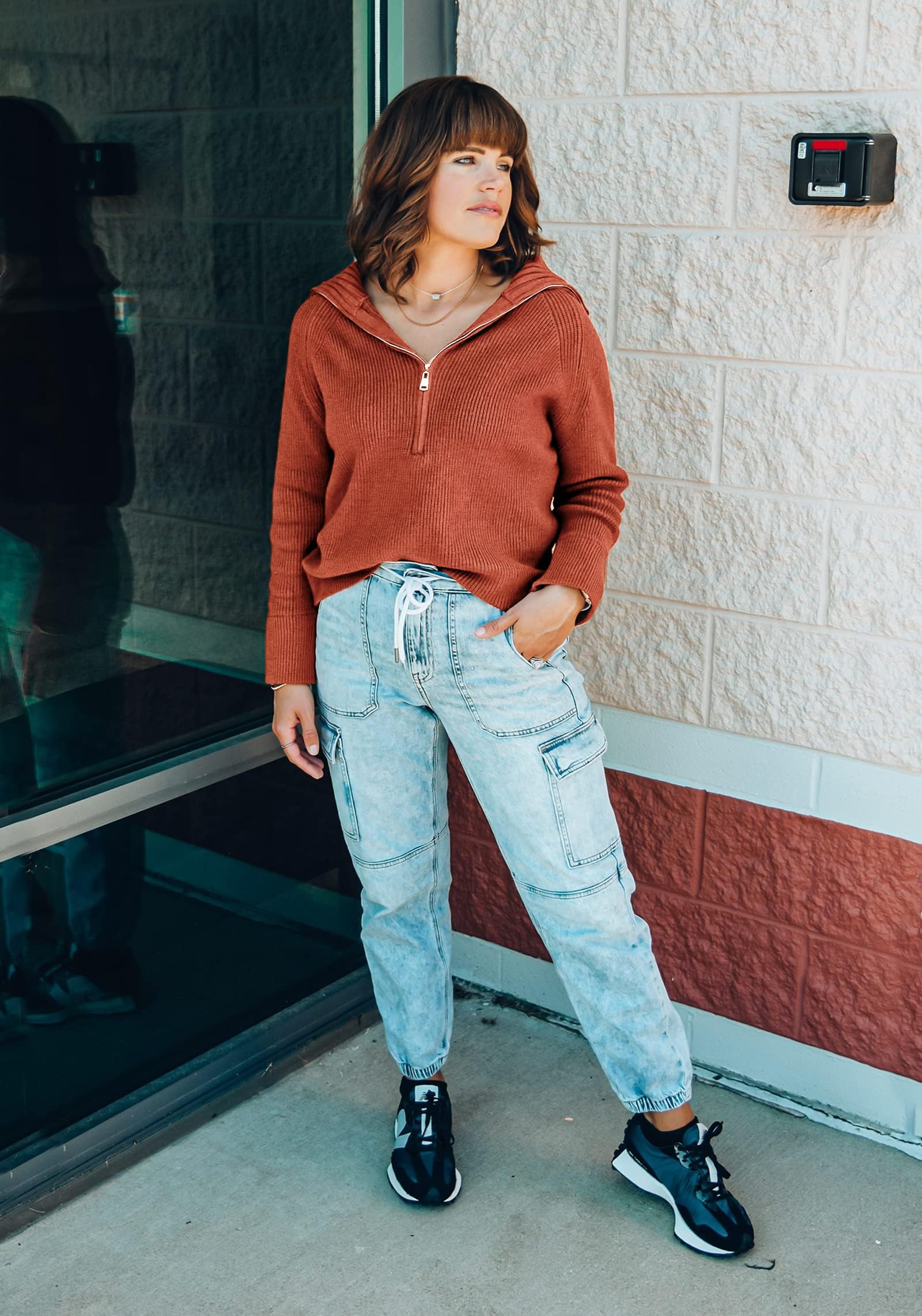 FreshPretty Womens Sweaters Quarter Zip Pullover V Neck Collar Long Sleeve Ribbed Knit Loose Casual Winter Fall Sweater