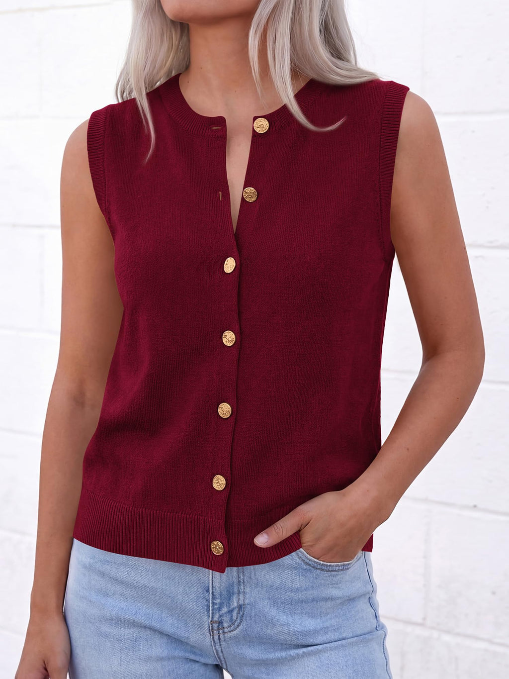 BTFBM Sweater Vest Women Casual Crewneck Loose Button Down Knit Sleeveless Cardigan Spring Clothes Summer Vest Tops