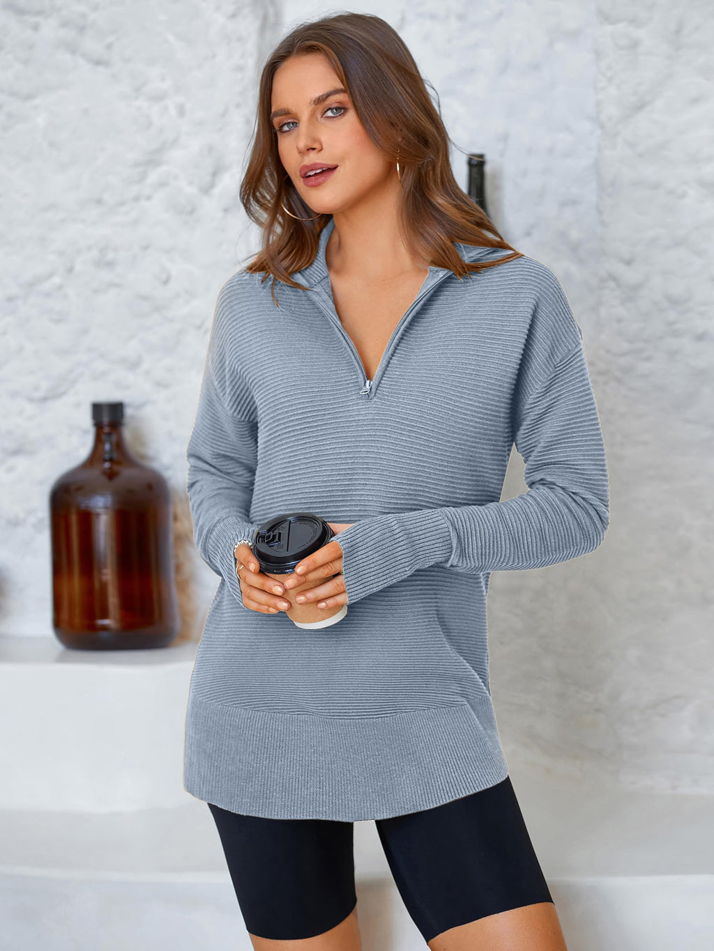 PRETTYGARDEN Womens Long Sleeve Quarter Zip Pullover Sweater Casual Loose V Neck Collared Ribbed Knit Jumper Tops Thumb Hole
