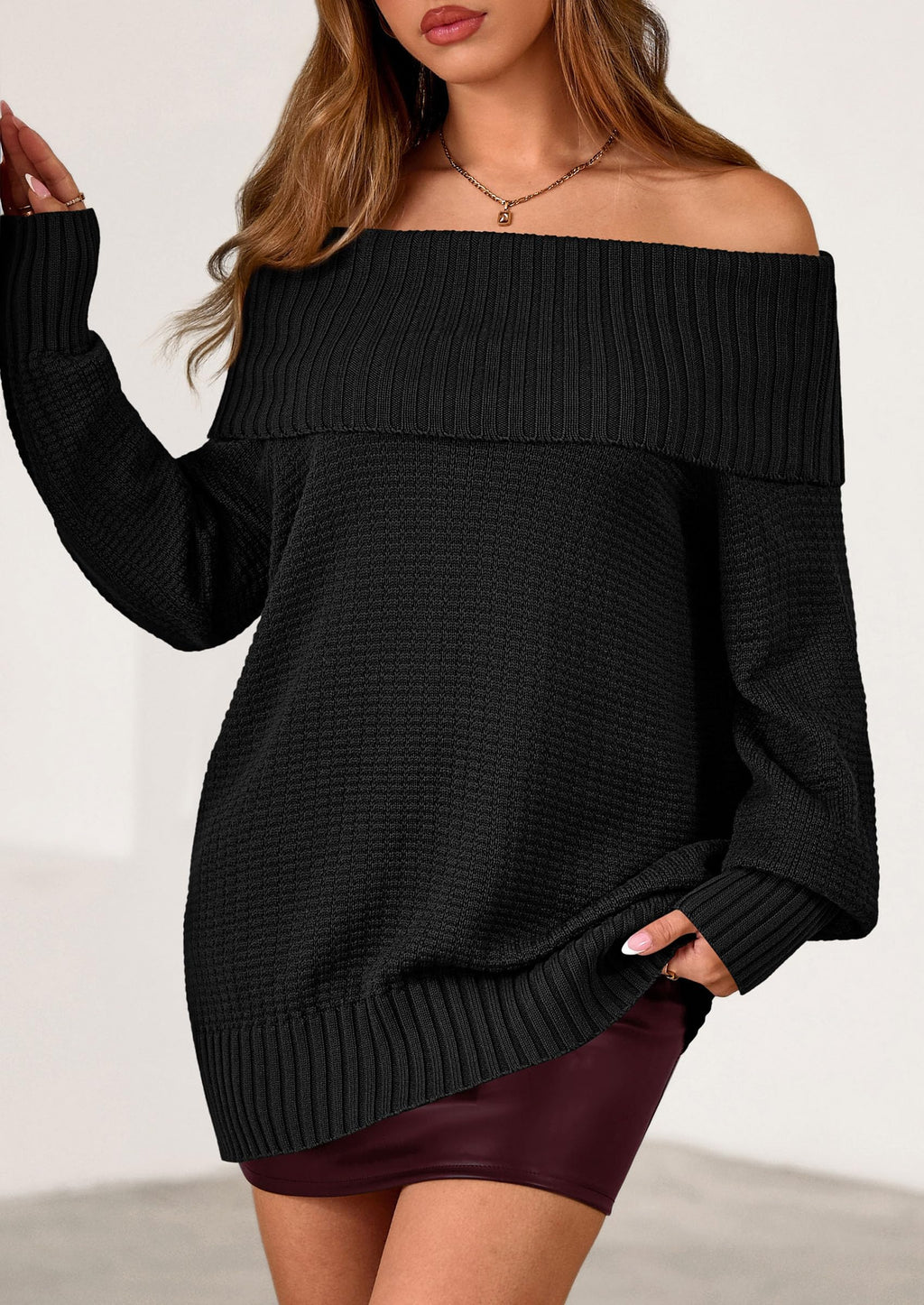 PRETTYGARDEN Womens Off The Shoulder Sweater Long Sleeve Tops Loose Knit Pullover Sweaters Fashion Fall Clothes