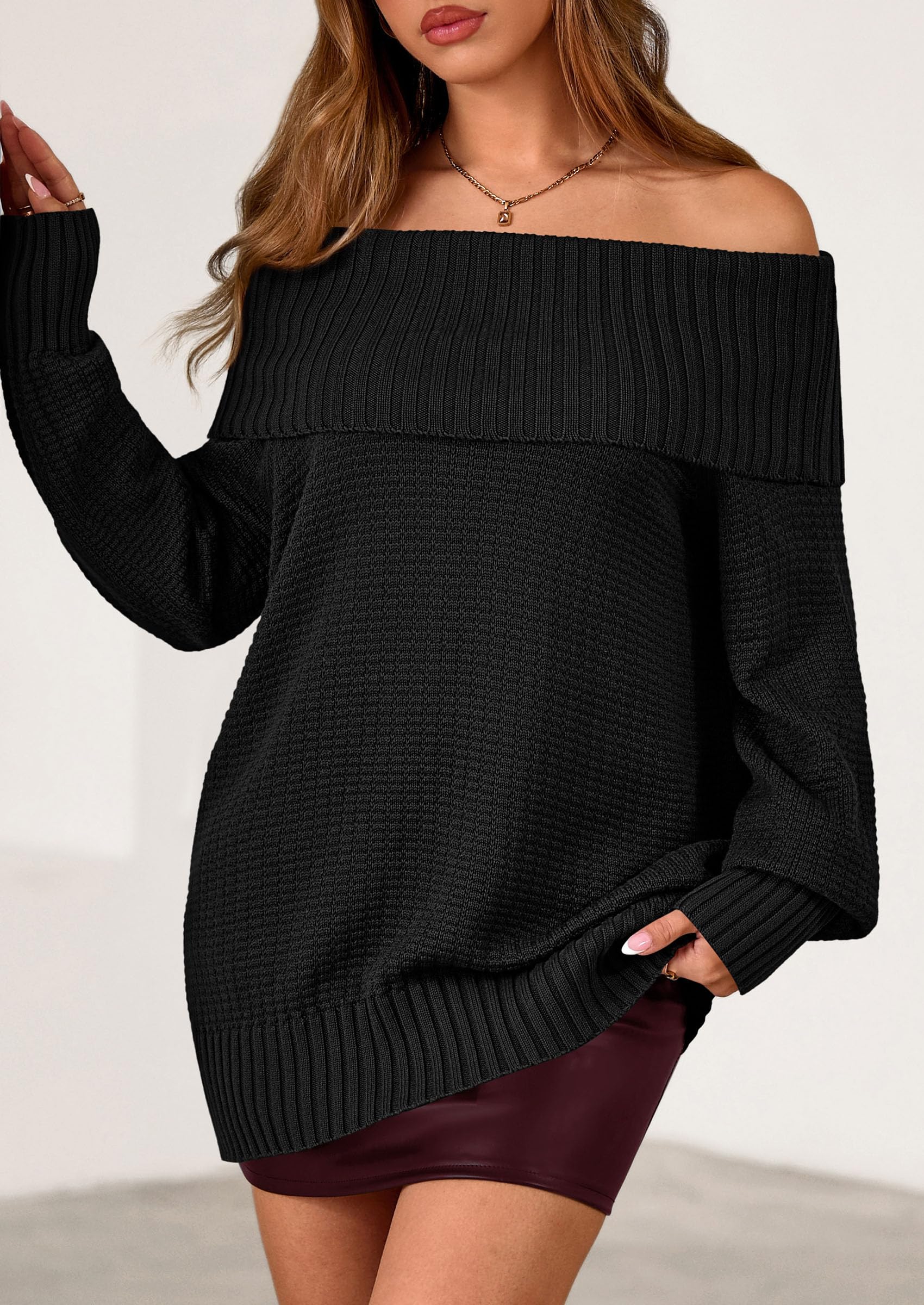 PRETTYGARDEN Womens Off The Shoulder Sweater Long Sleeve Tops Loose Knit Pullover Sweaters Fashion Fall Clothes