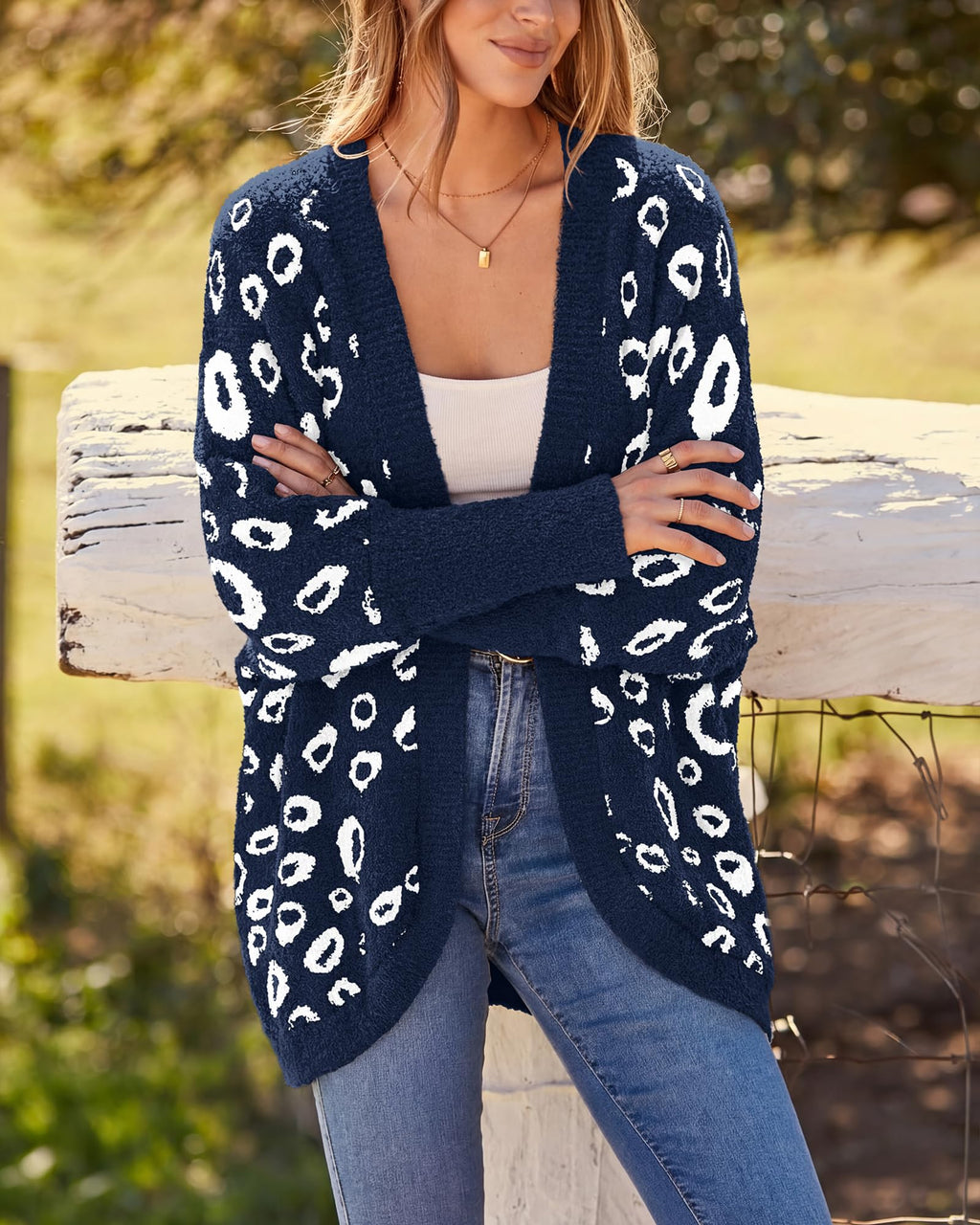 BTFBM Leopard Cardigan for Women Long Sleeve Open Front Cardigans Sweaters Pockets Loose Knit Fall Spring Outwear
