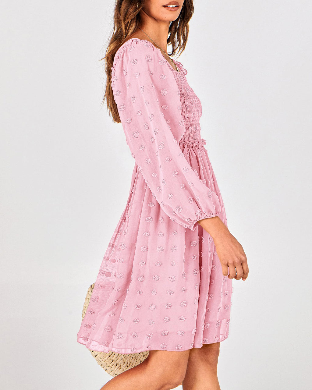 BTFBM Womens Long Sleeve Dress Summer Vacation Square Neck Smocked Floral Mini Boho Spring Wedding Guest Dresses