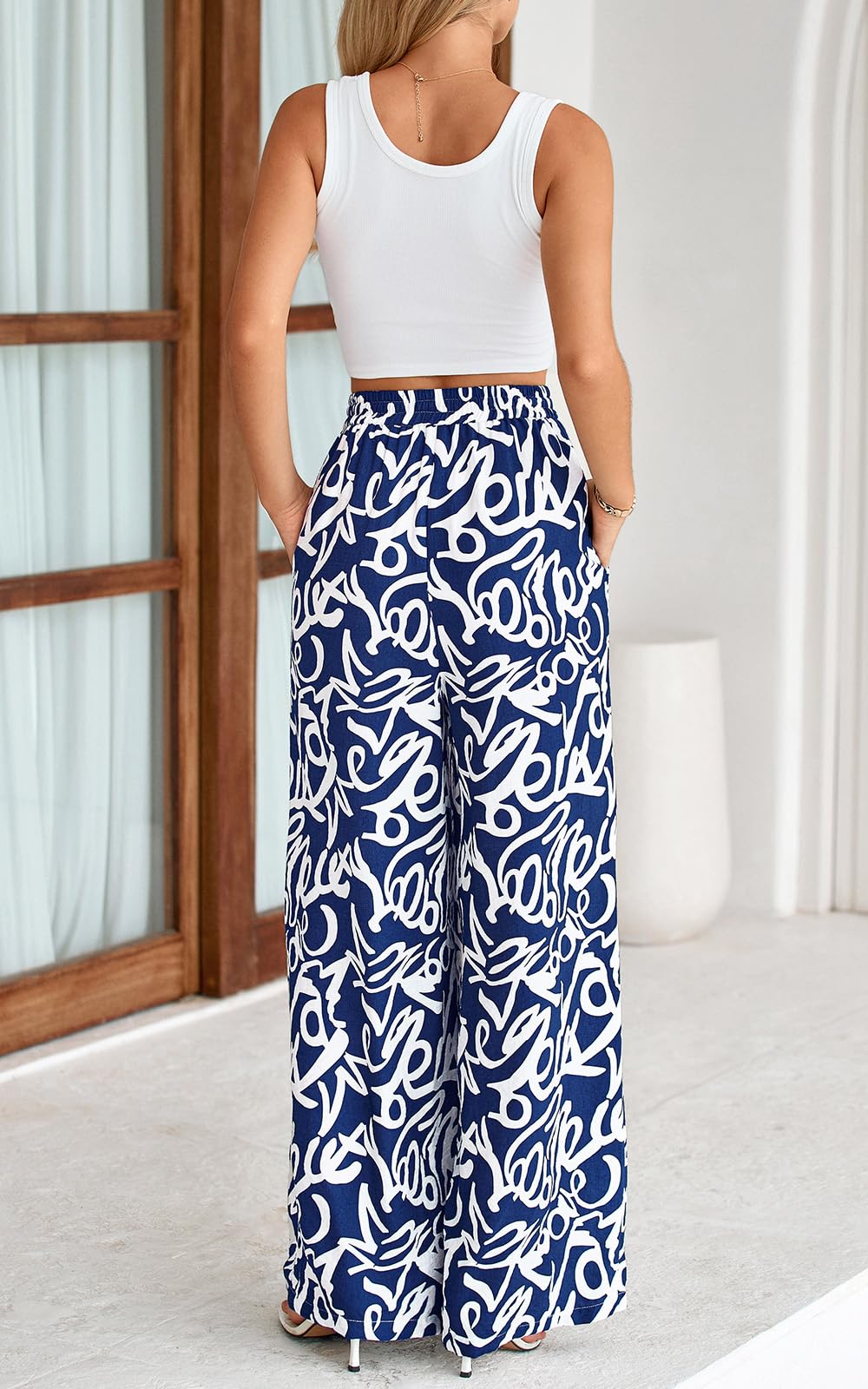 PRETTYGARDEN Womens Pants Elastic Waist Floral Lightweight Palazzo Pants for Women Casual Lounge Wide Leg Pants Woman