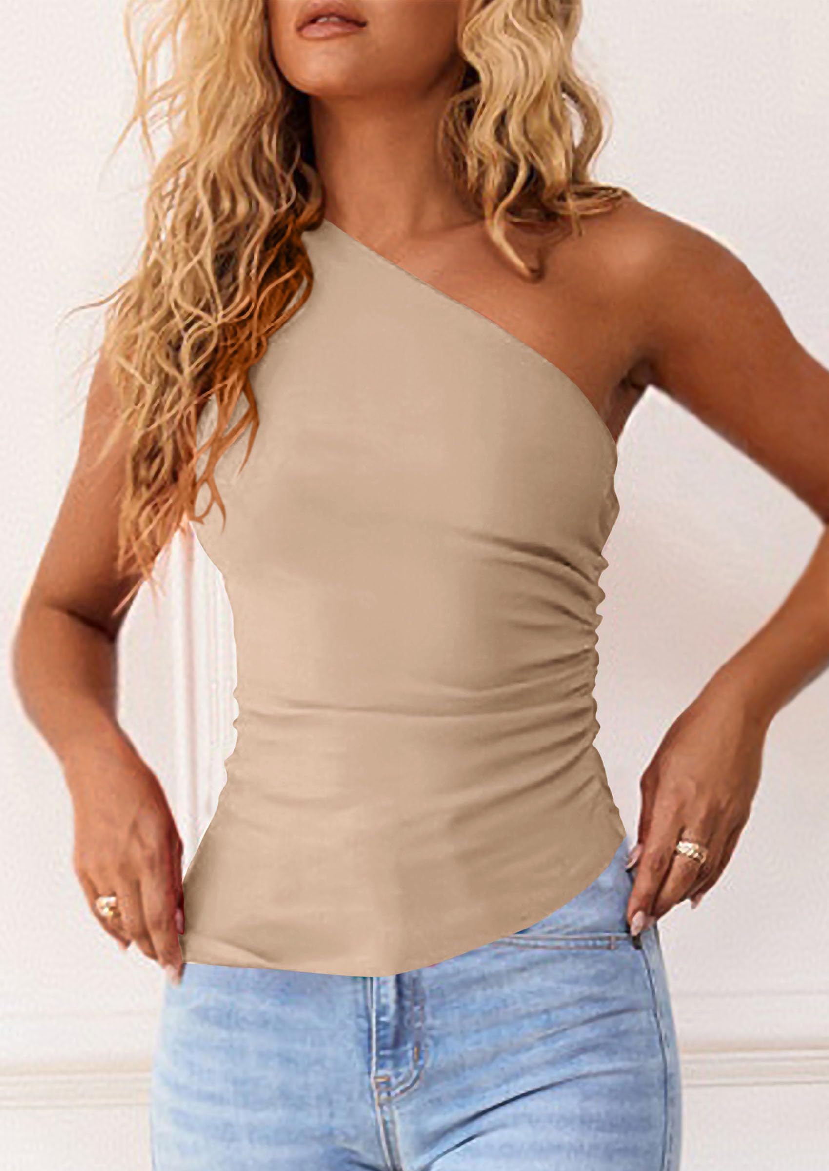 PRETTYGARDEN Womens  Summer Y2K Tops Sleeveless One Shoulder Slim Fit Shirts Ruched Knit Asymmetrical Top Blouse