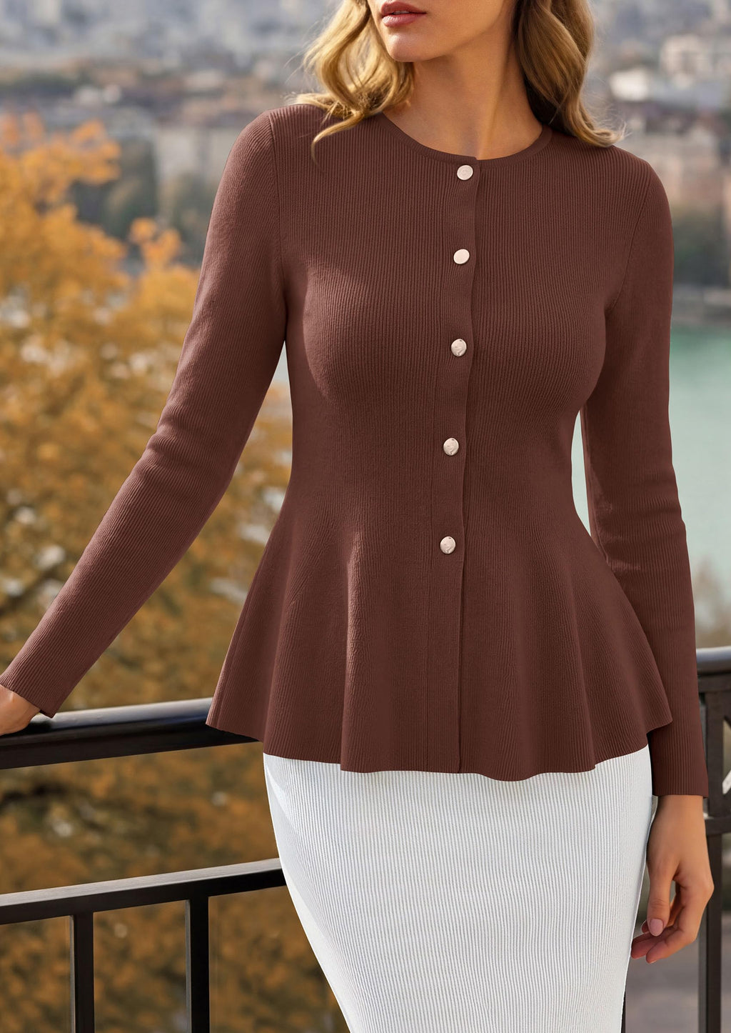 PRETTYGARDEN Women's Fall Lightweight Cardigan Sweaters | Long Sleeve Peplum Tops, Button Up, Slim Fitted, Flared Hem, Soft Ribbed Knit, Business Casual Outfits, Winter Trendy Clothes