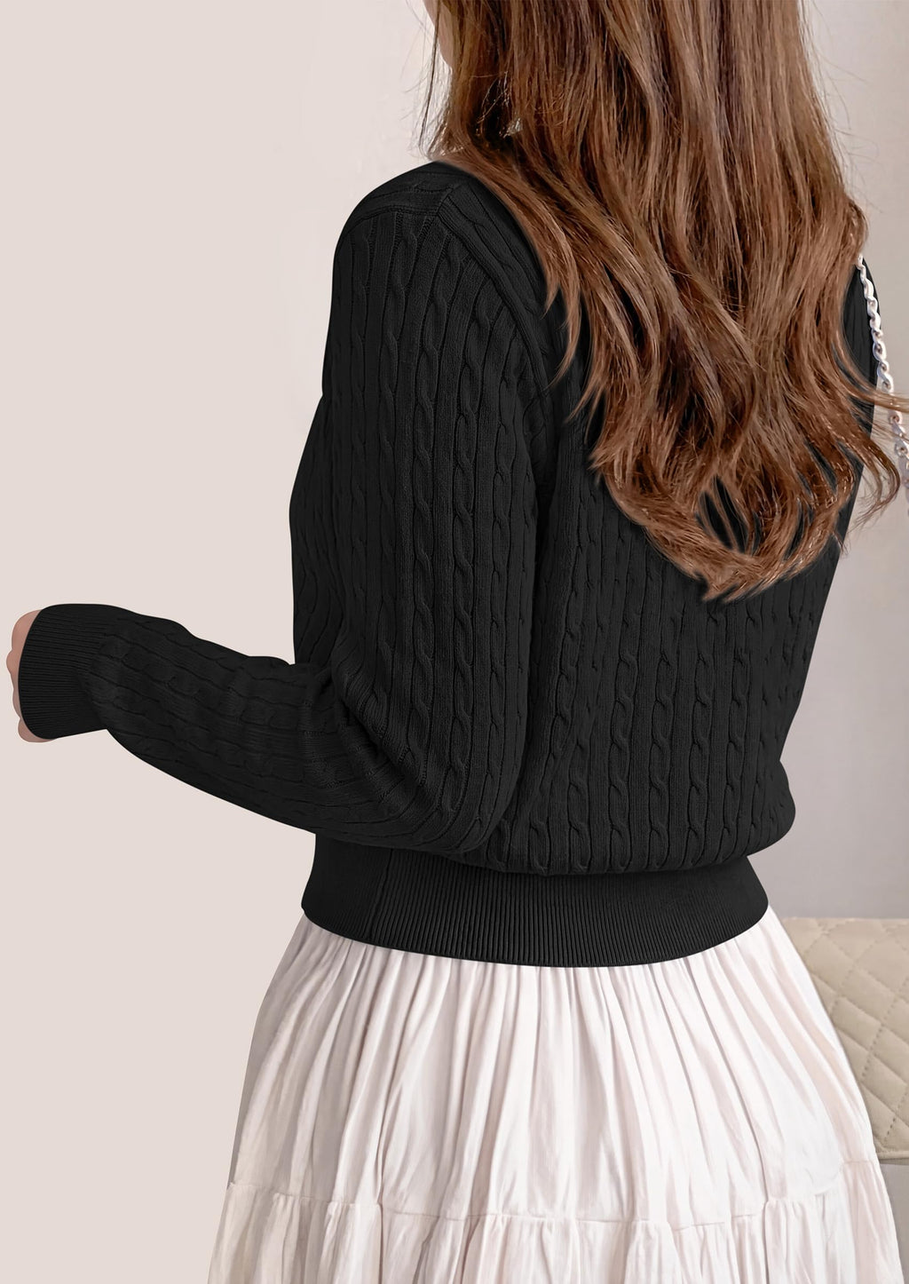 FreshPretty Women's Cable Knit Cropped Cardigan Sweater V Neck Button Down | Soft Lightweight Cable Knit, Long Sleeve, V Neck Button Front, Cropped Ribbed Trim, Business Casual Fall Winter Layering