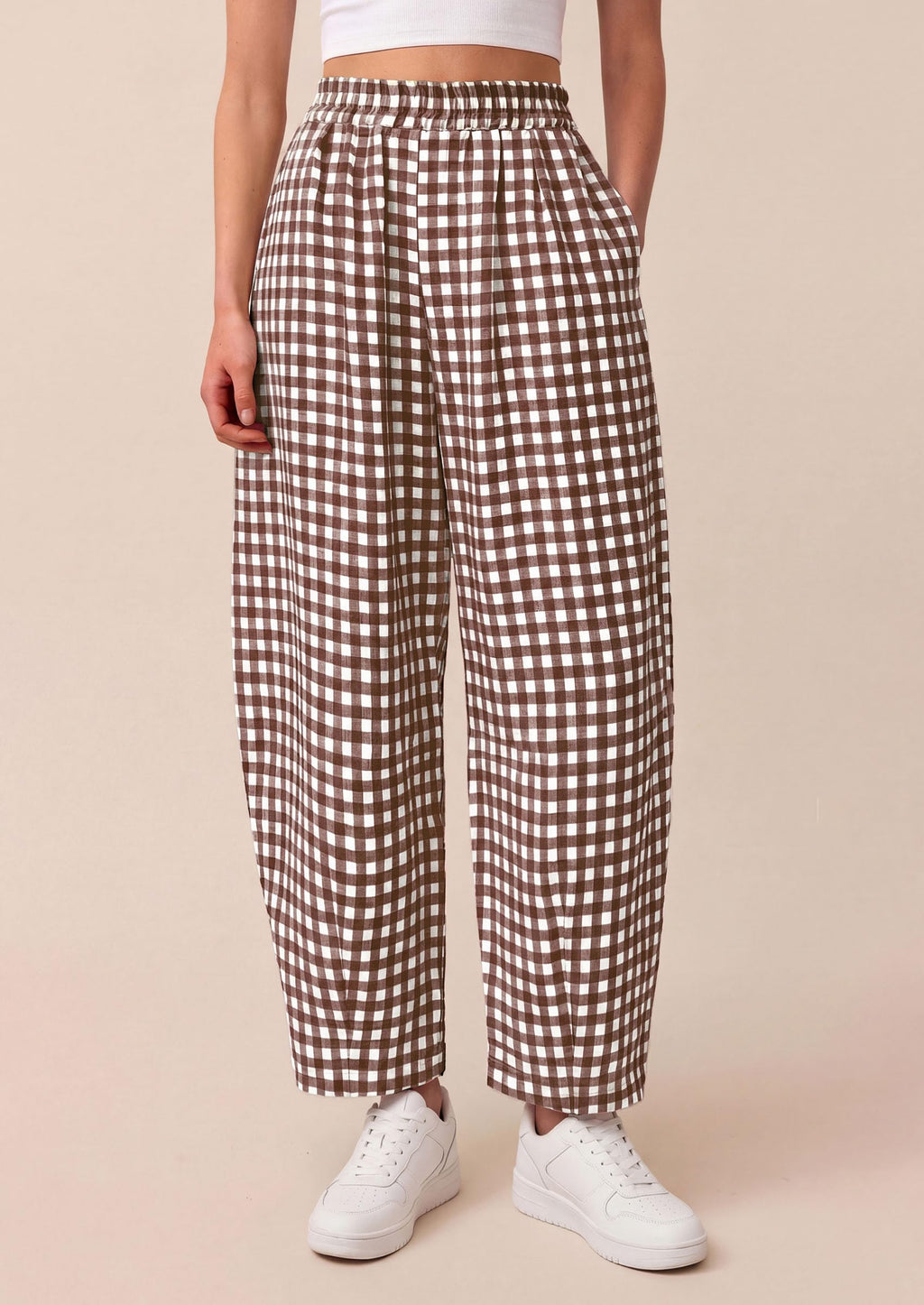 PRETTYGARDEN Plaid Barrel Pants Women Summer Casual Loose Wide Leg Lounge Gingham Trousers Spring Fashion Beach Bottoms