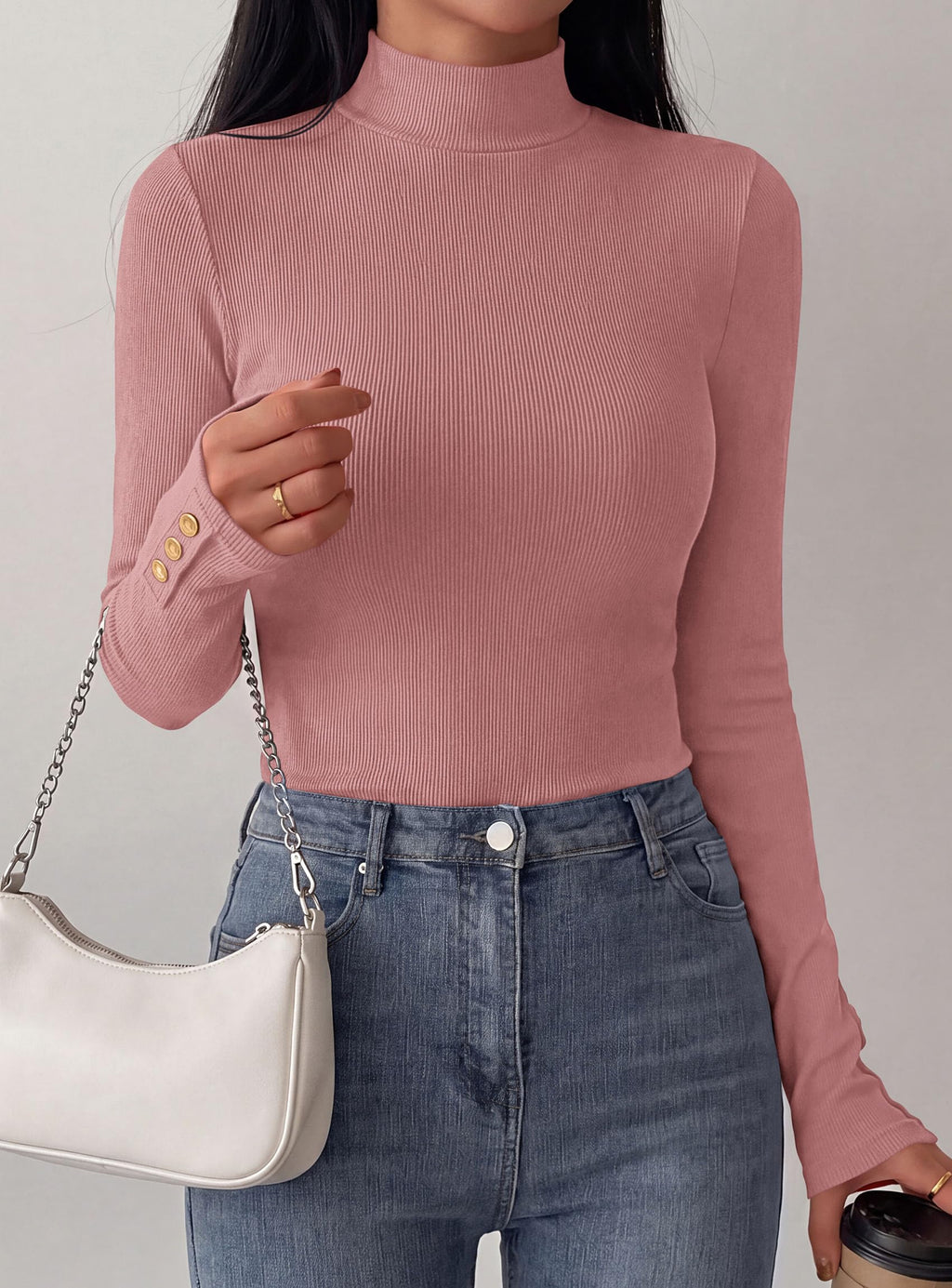 PRETTYGARDEN Women's Ribbed Mock Neck Long Sleeve Tops | Slim Fitted T-Shirts, Soft Stretch, Decorative Buttons, Going Out Work Casual Wear, Fall Outfits Layering Winter Clothes
