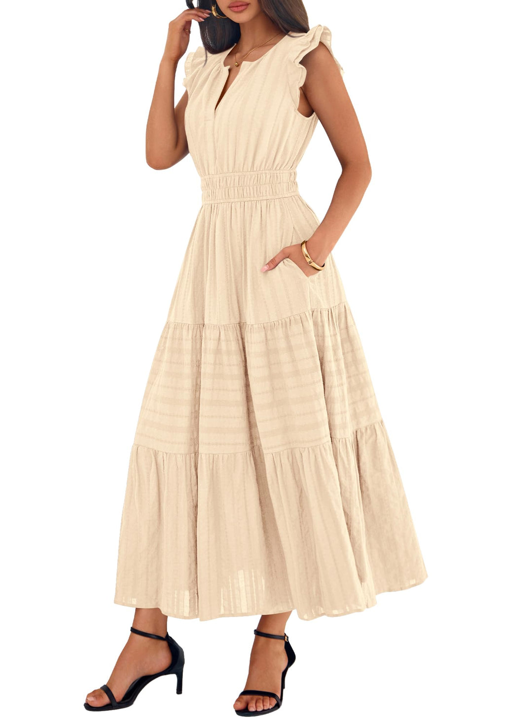 BTFBM Womens Summer Maxi Dress  Spring Boho Vacation Ruffle Flutter Short Sleeve A Line Tiered Flowy Dresses Pockets