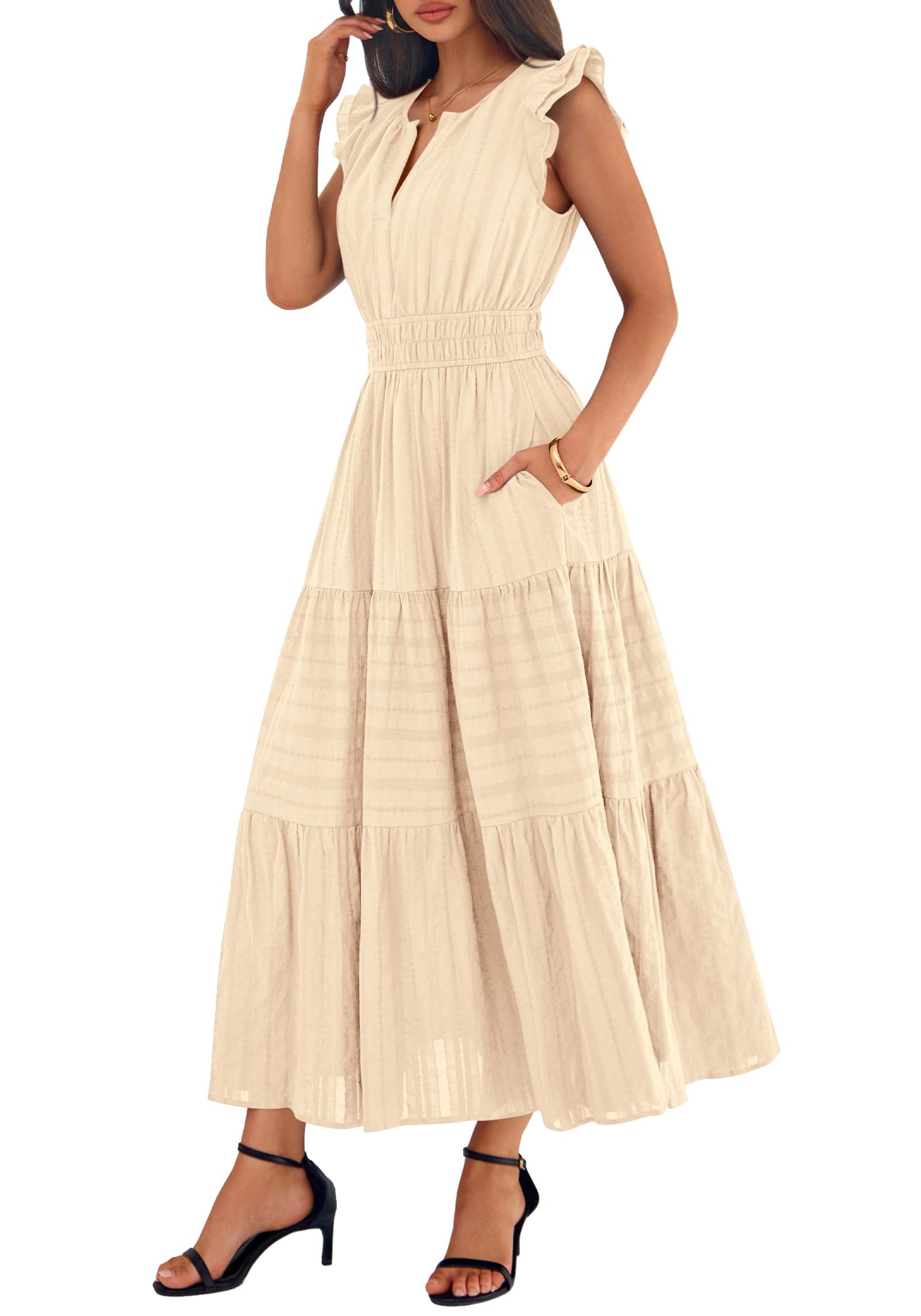 BTFBM Womens Summer Maxi Dress  Spring Boho Vacation Ruffle Flutter Short Sleeve A Line Tiered Flowy Dresses Pockets