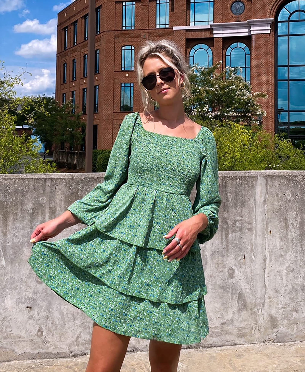 FreshPrettyWomen Square Neck Smocked Dresses Summer Spring Long Sleeve Floral Swiss Dot Mini Boho Wedding Guest Dress