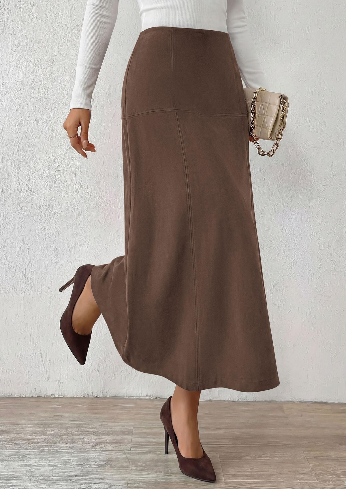 PRETTYGARDEN Womens High Waist Faux Suede A Line Midi Skirt | Hidden Stretch Elastic Waist, Front Back Panel Stitching, Vintage Elegant Mid-Calf Long Skirts for Fall Winter Office Daily