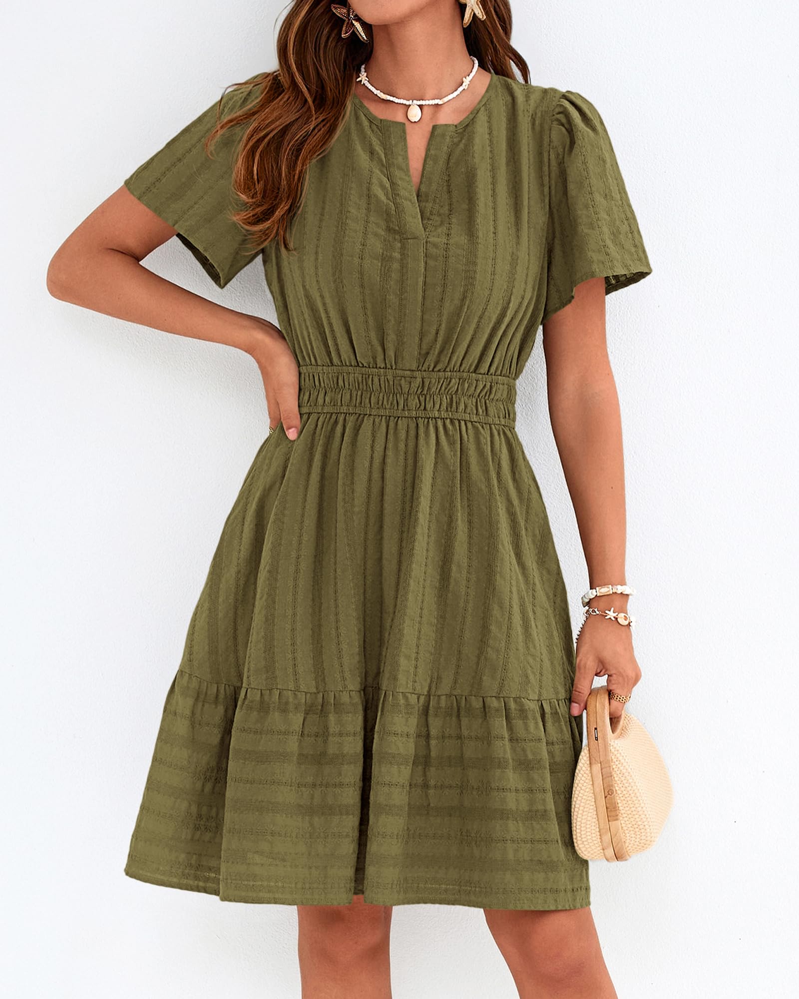 BTFBM Womens Spring  Casual Mini Dresses Lightweight Short Sleeve V Neck Elastic Waist Cute Boho Beach Dress Pockets