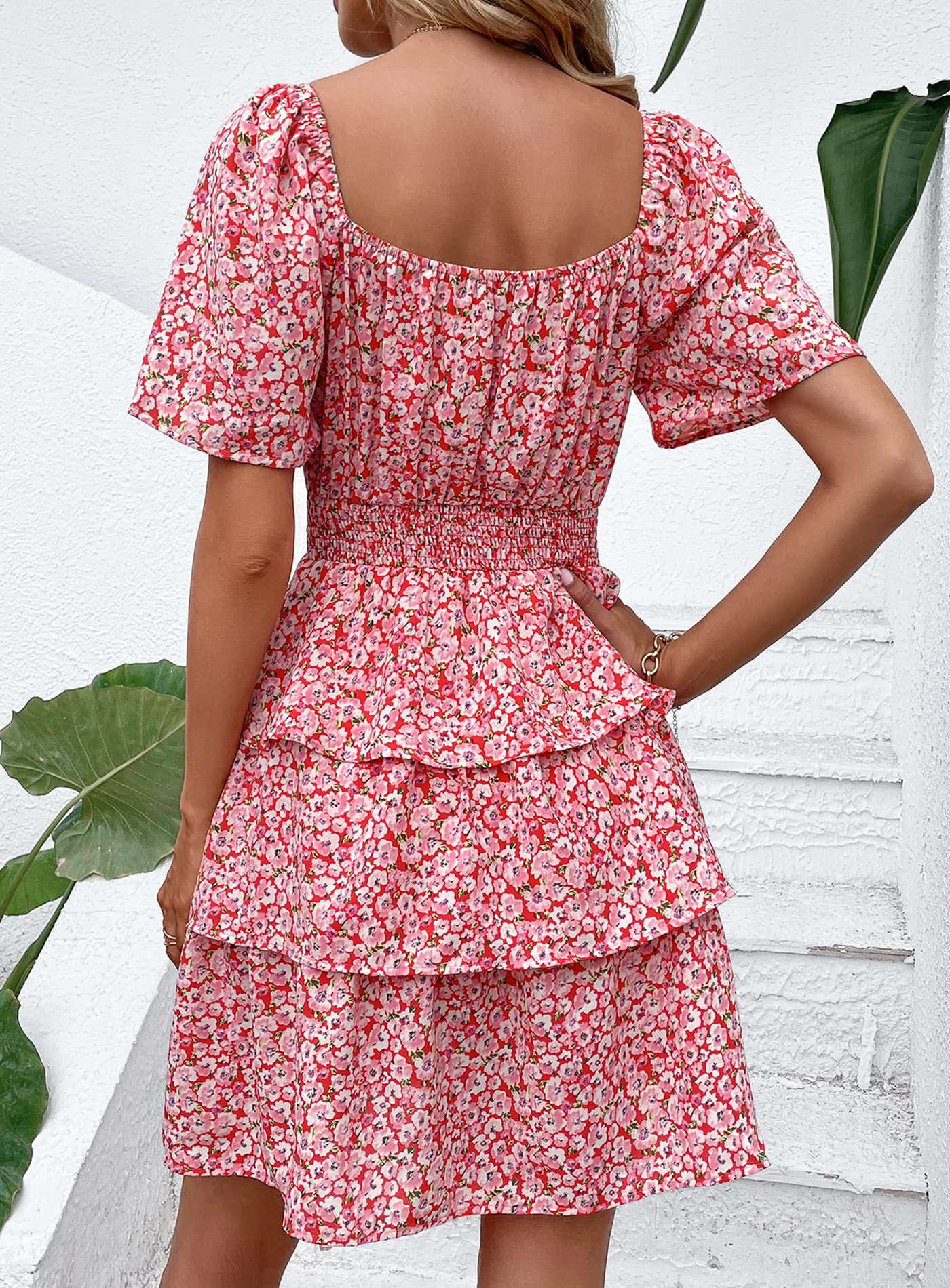 PRETTYGARDEN Women's  Floral Summer Short Dress Square Neck Short Sleeve Tiered Ruffle Boho Swing Dresses