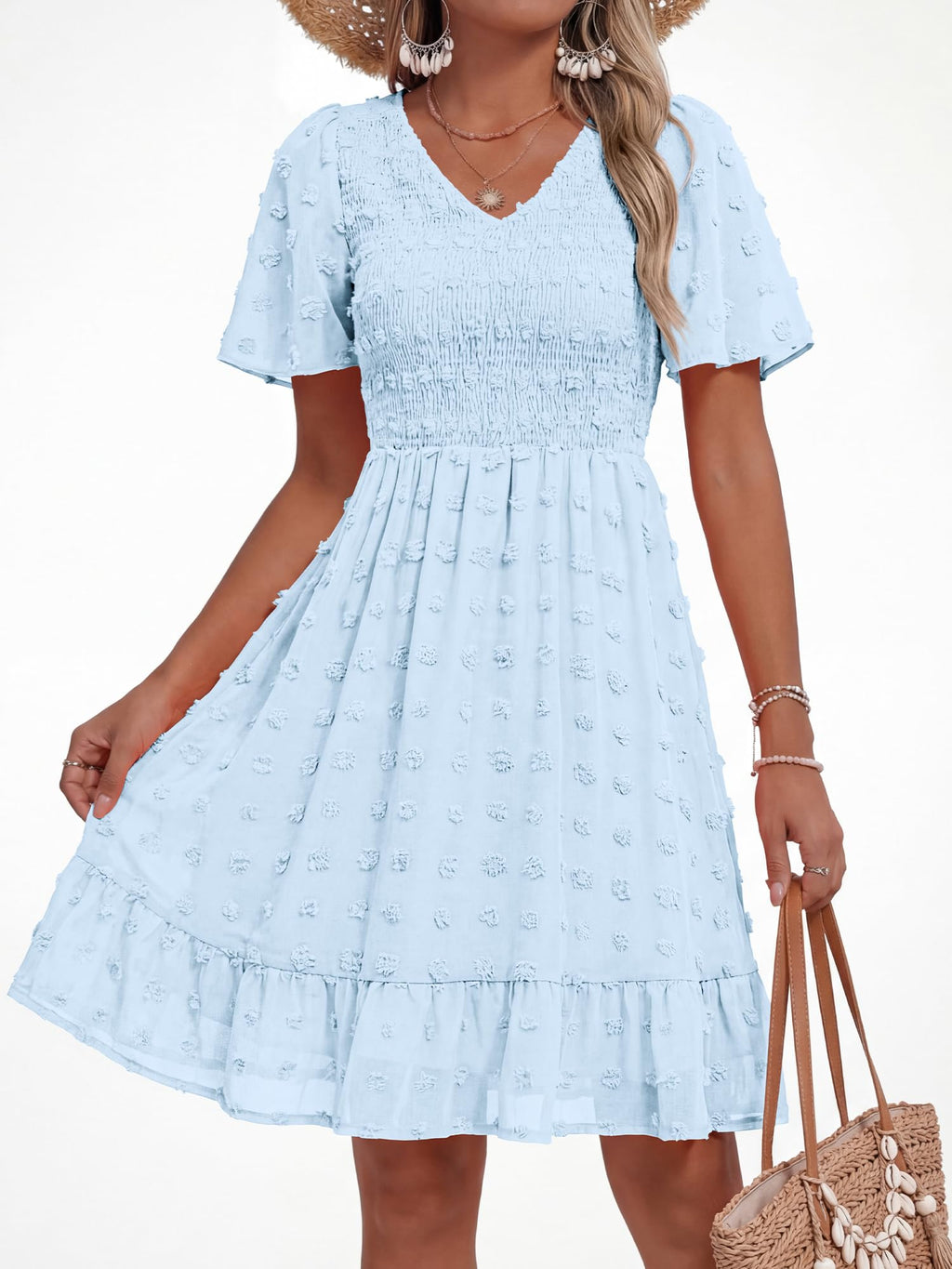 FreshPretty Womens Beach Vacation Dress Summer V Neck Short Sleeve Smocked Swiss Dot Ruffle Casual Mini Spring Dresses