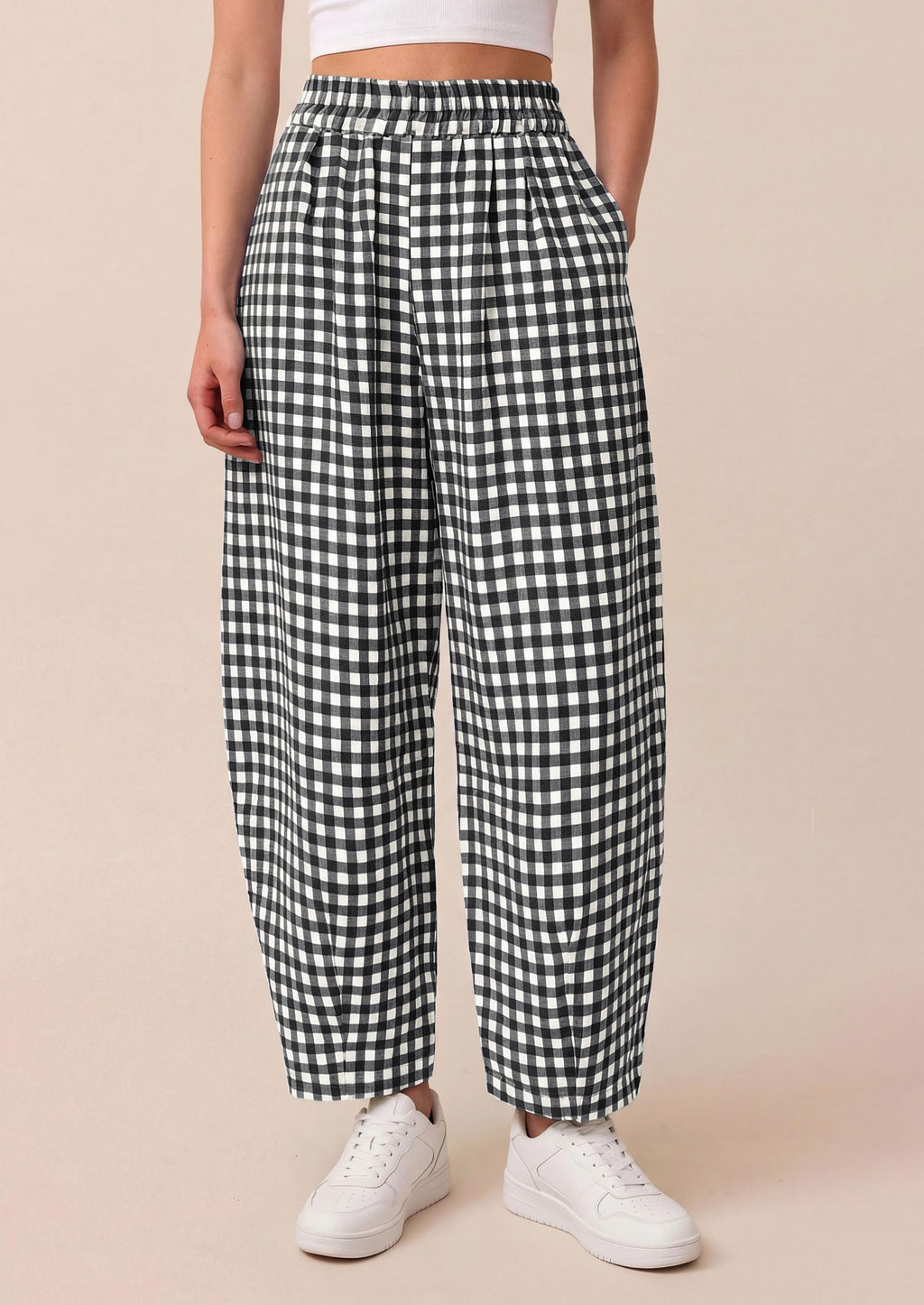 PRETTYGARDEN Plaid Barrel Pants Women Summer Casual Loose Wide Leg Lounge Gingham Trousers Spring Fashion Beach Bottoms