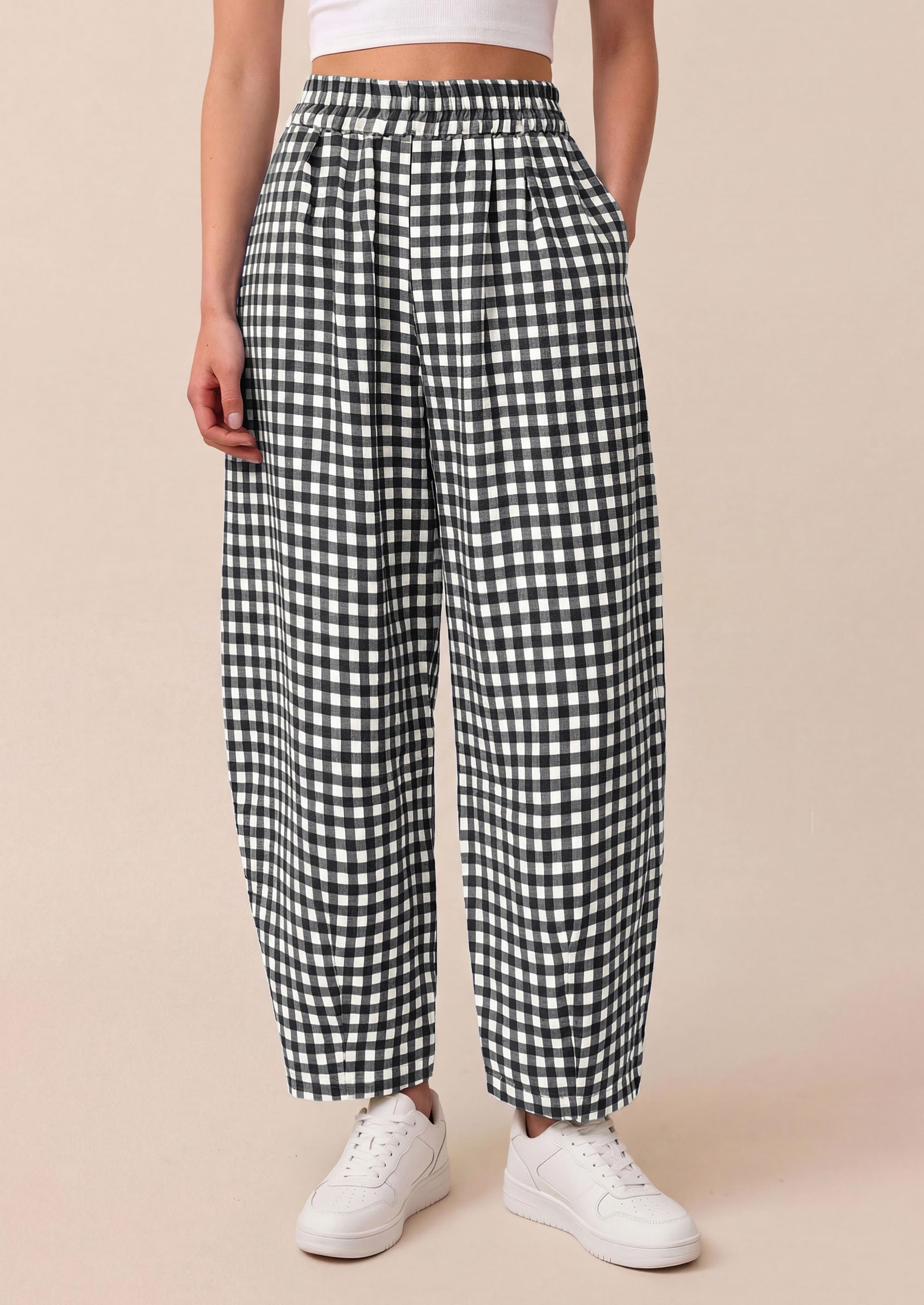 PRETTYGARDEN Plaid Barrel Pants Women Summer Casual Loose Wide Leg Lounge Gingham Trousers Spring Fashion Beach Bottoms