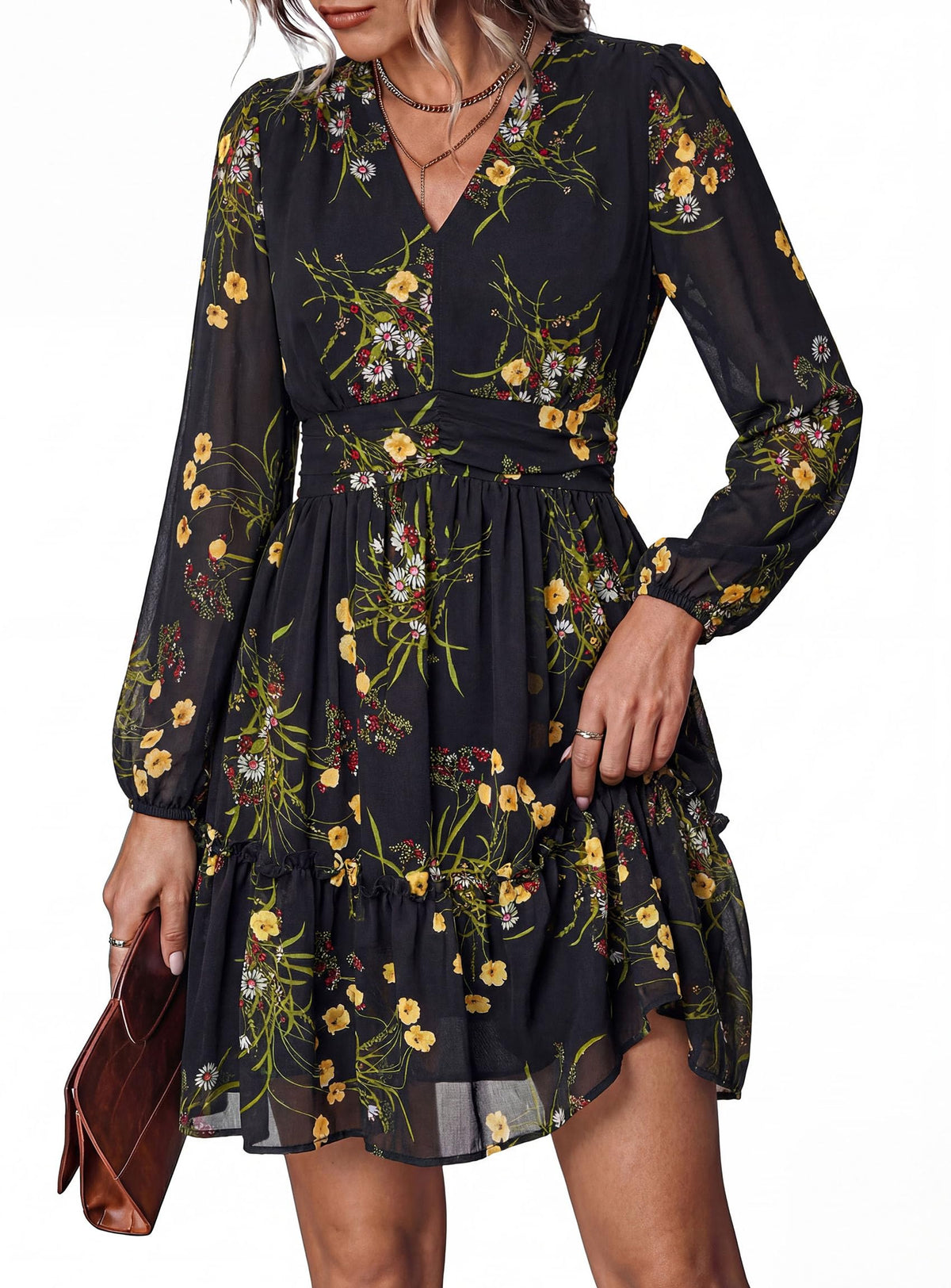 PRETTYGARDEN Women Floral Long Sleeve Mini Dress | Fall Wedding Guest Dresses, V Neck, Fit & Flare, Ruffle Hem A-Line, Short Chiffon Dress, Elegant Holiday Party, Date Outfits