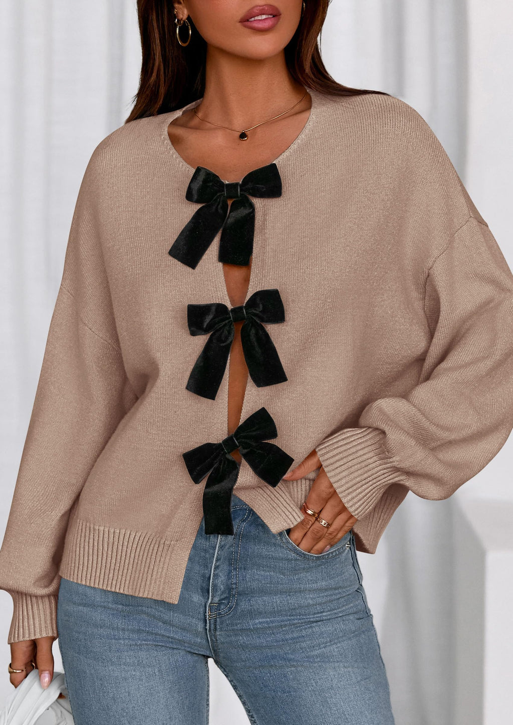 PRETTYGARDEN Cardigan Sweaters for Women Fall Fashion Bow Tie Front Long Sleeve Knit Sweater Tops Cute Winter Clothes