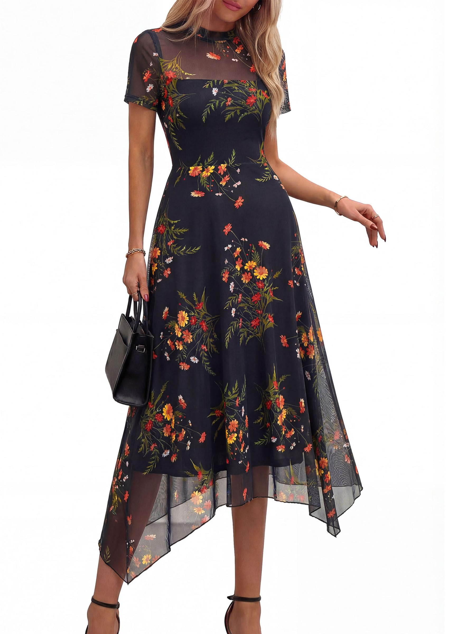 PRETTYGARDEN Cocktail Dresses for Women  Summer Short Sleeve Floral Mesh Sheer Midi Party Wedding Guest Dress