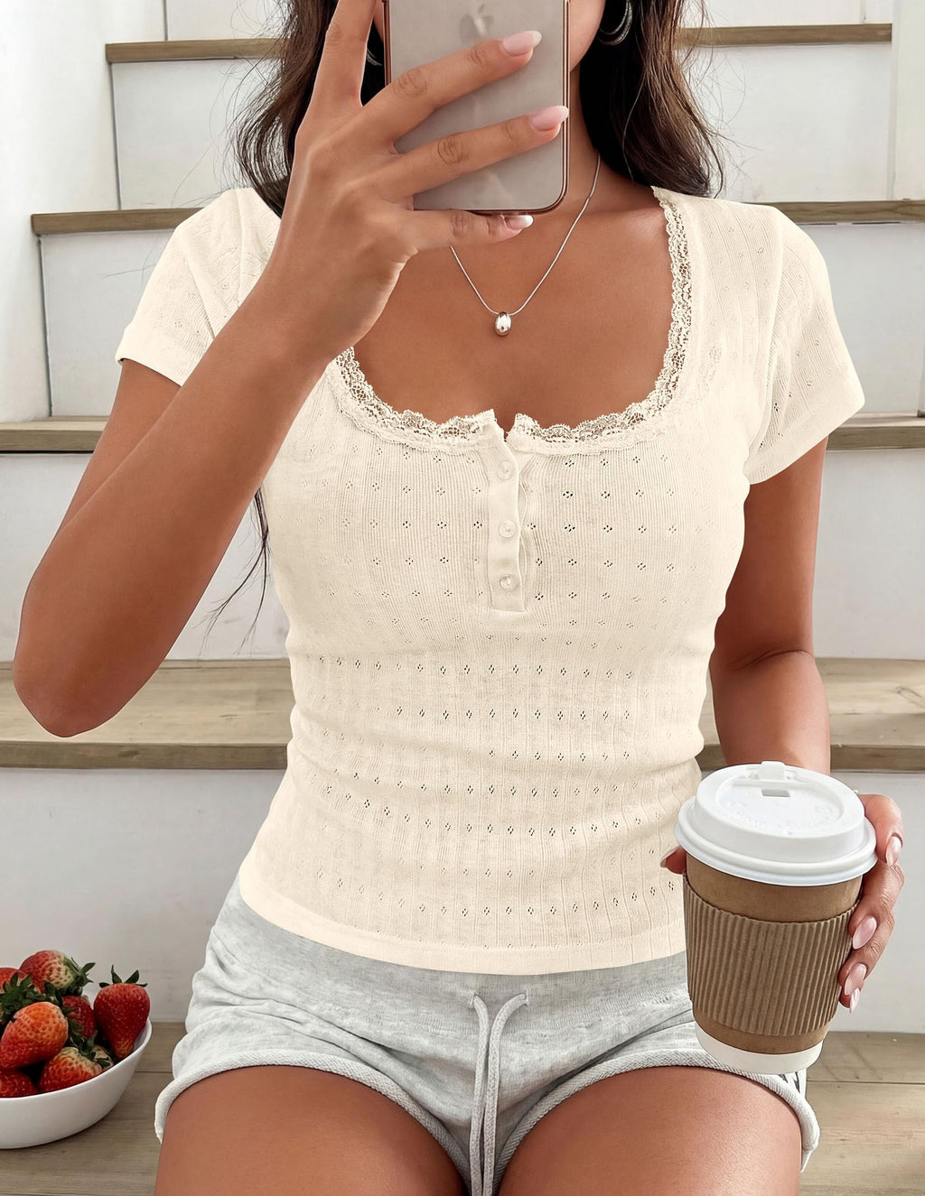 PRETTYGARDEN Summer Tops for Women Short Sleeve Lace Trim Slim Fitted Henley Tee Shirts Y2K Fashion Clothing