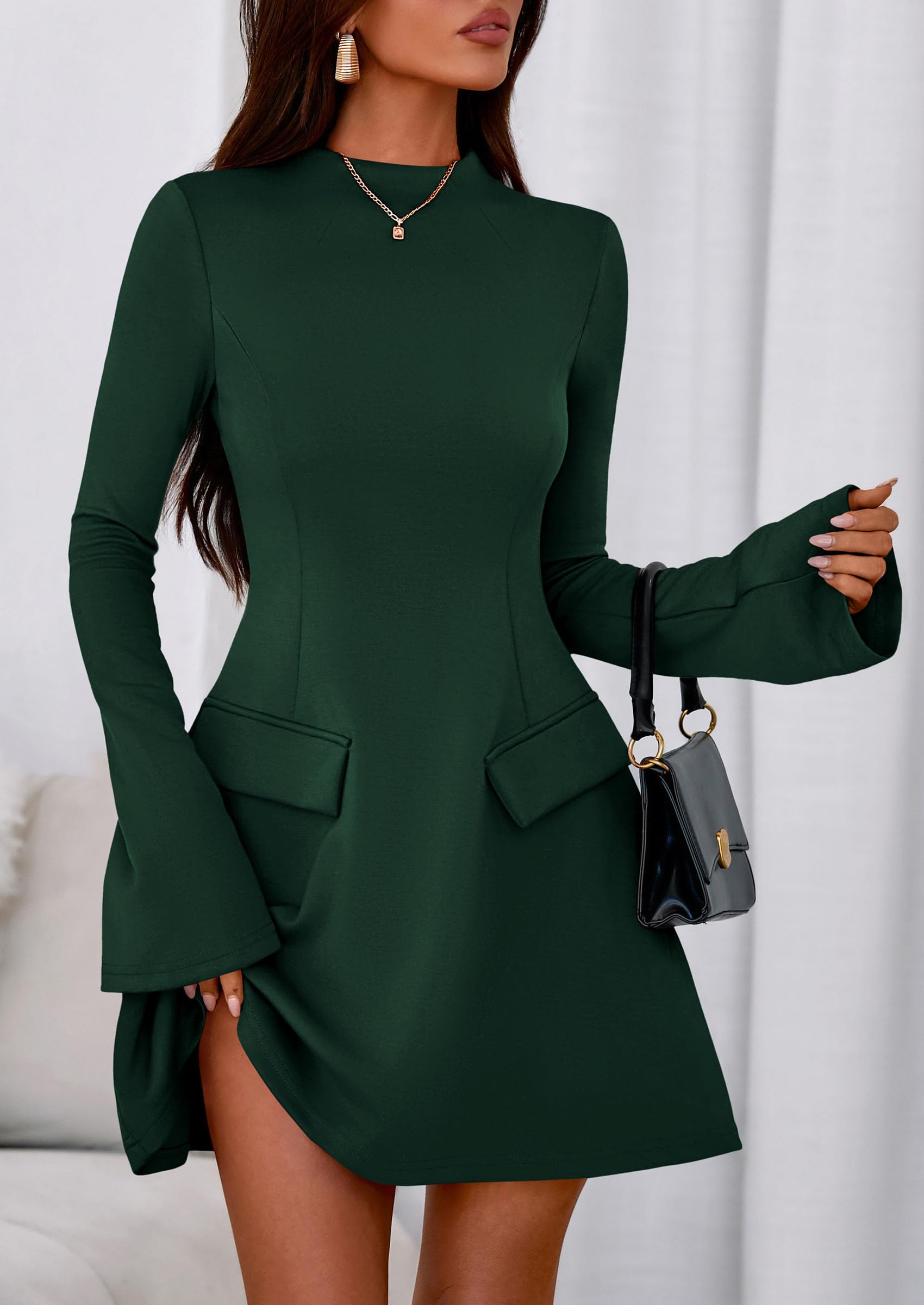 PRETTYGARDEN Women's Elegant Holiday Short Dress  Fall Bell Long Sleeve Mock Neck Work Business Casual Party Mini Dress