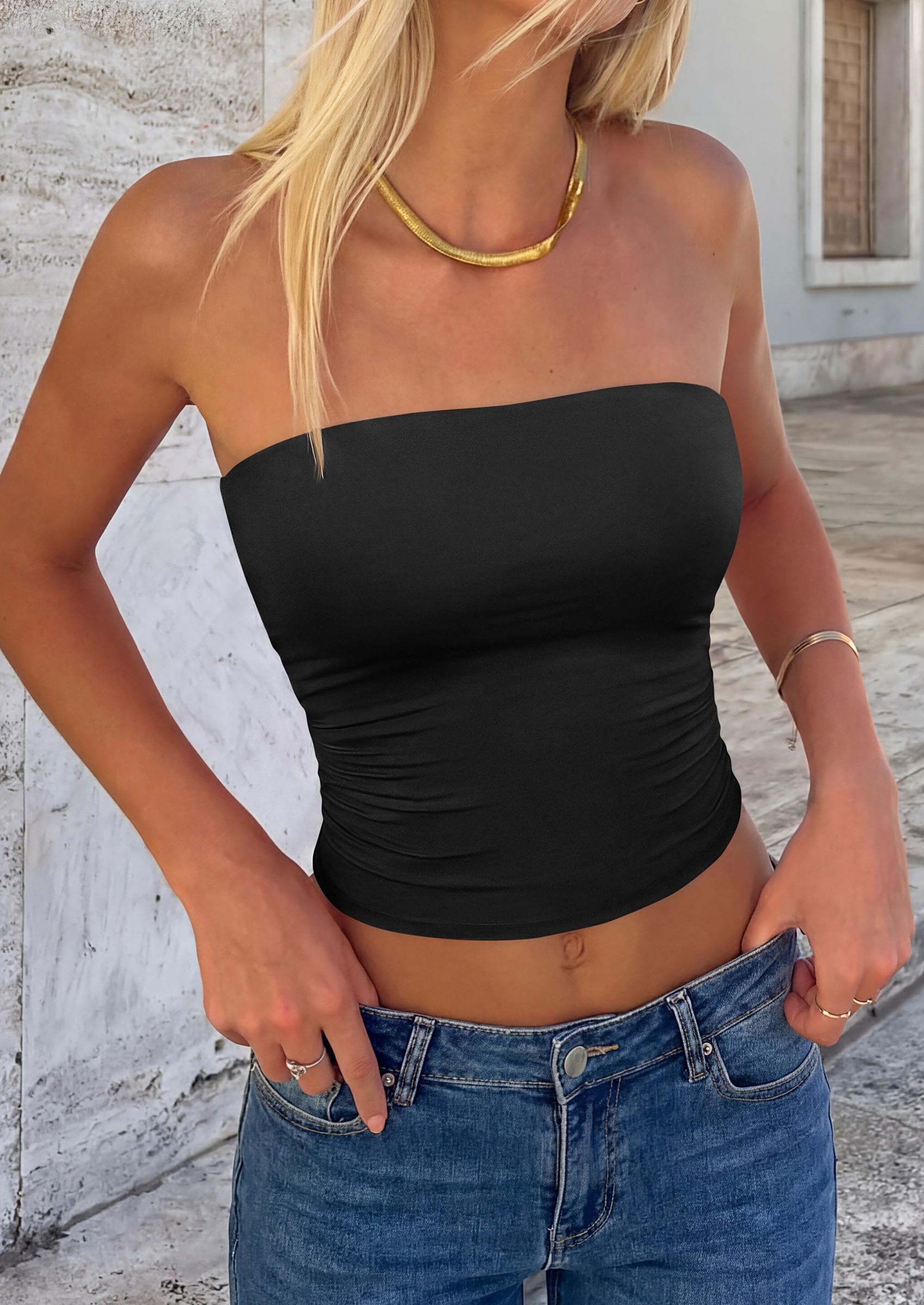 PRETTYGARDEN Womens Tube Top  Summer Going Out Tops Strapless Y2K Bandeau Spring Fitted Shirts Beach Vacation Clothes