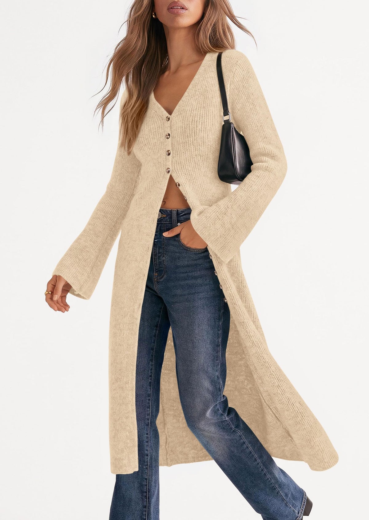 PRETTYGARDEN Women Long Cardigan Bell Sleeve Sweater Dress Early Fall Fashion, V Neck Button Down Coats, Fit and Flare, Duster Sweater, Acrylic Cotton Blend