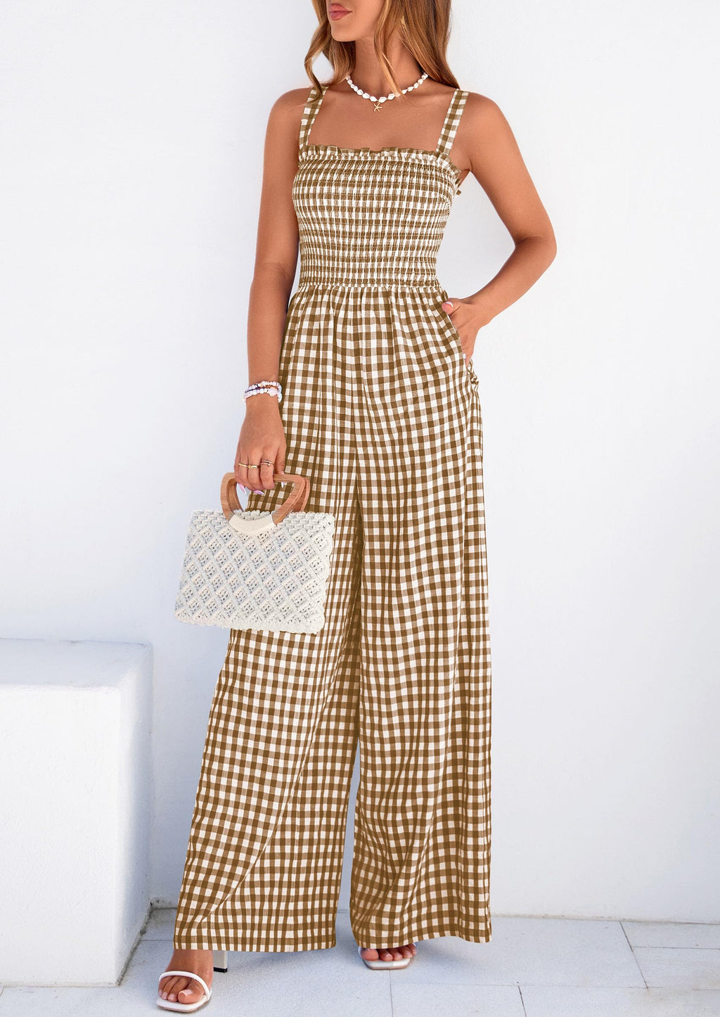 PRETTYGARDEN One Piece Jumpsuits for Women Casual Summer Cruise Outfits  Spring Fashion Smocked Wide Leg Gingham Rompers