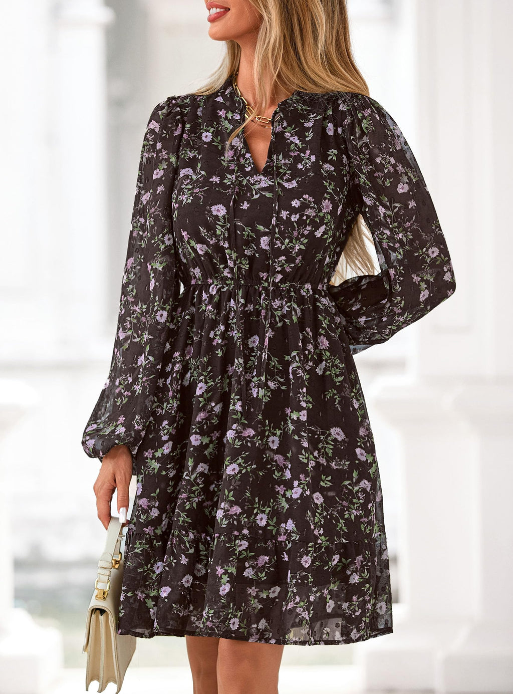 PRETTYGARDEN Women's Fall Boho Dresses  Floral Long Sleeve V Neck Mini Flowy Wedding Guest Dress Trendy Vacation Outfits