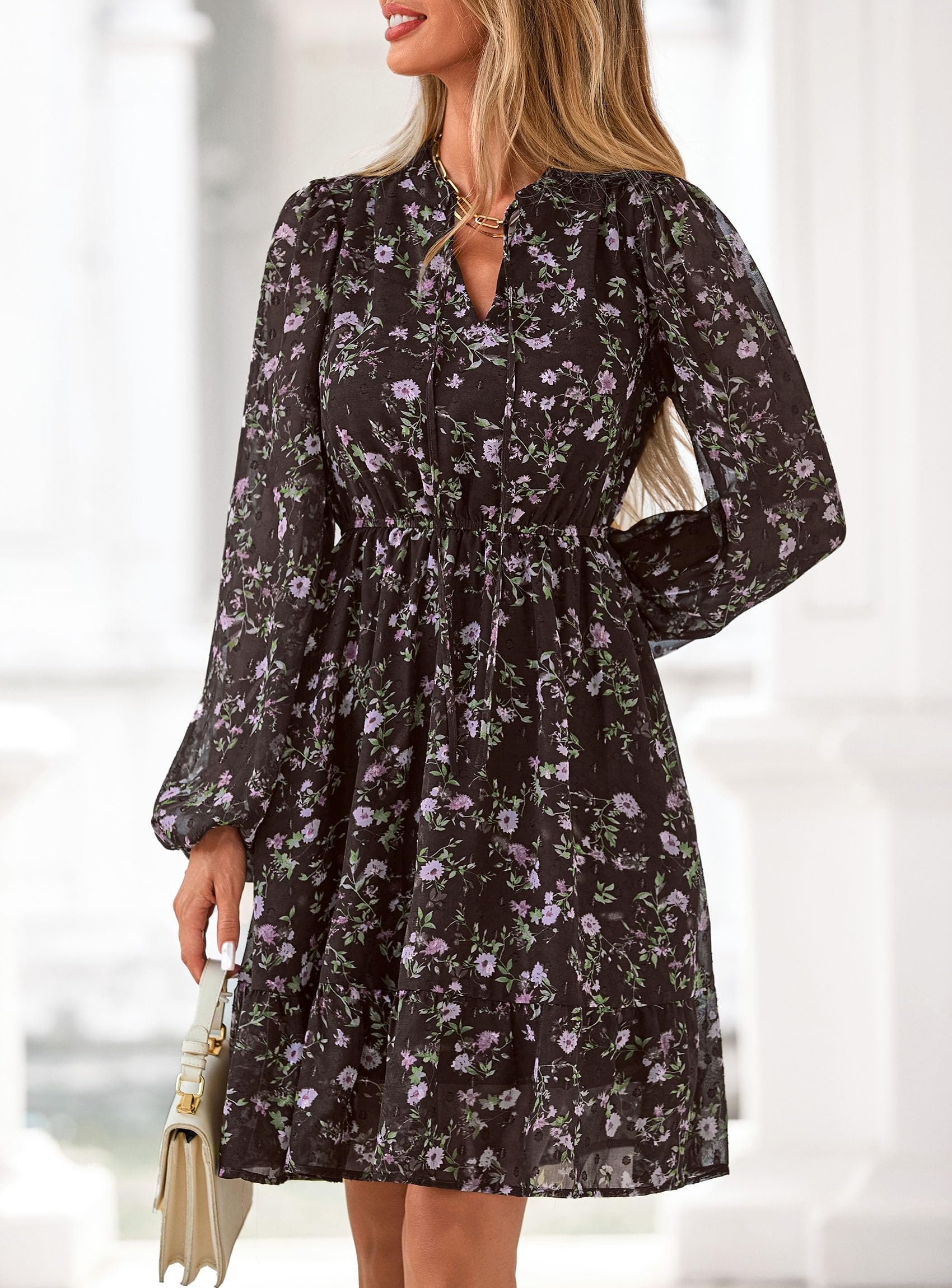 PRETTYGARDEN Women's Fall Boho Dresses  Floral Long Sleeve V Neck Mini Flowy Wedding Guest Dress Trendy Vacation Outfits