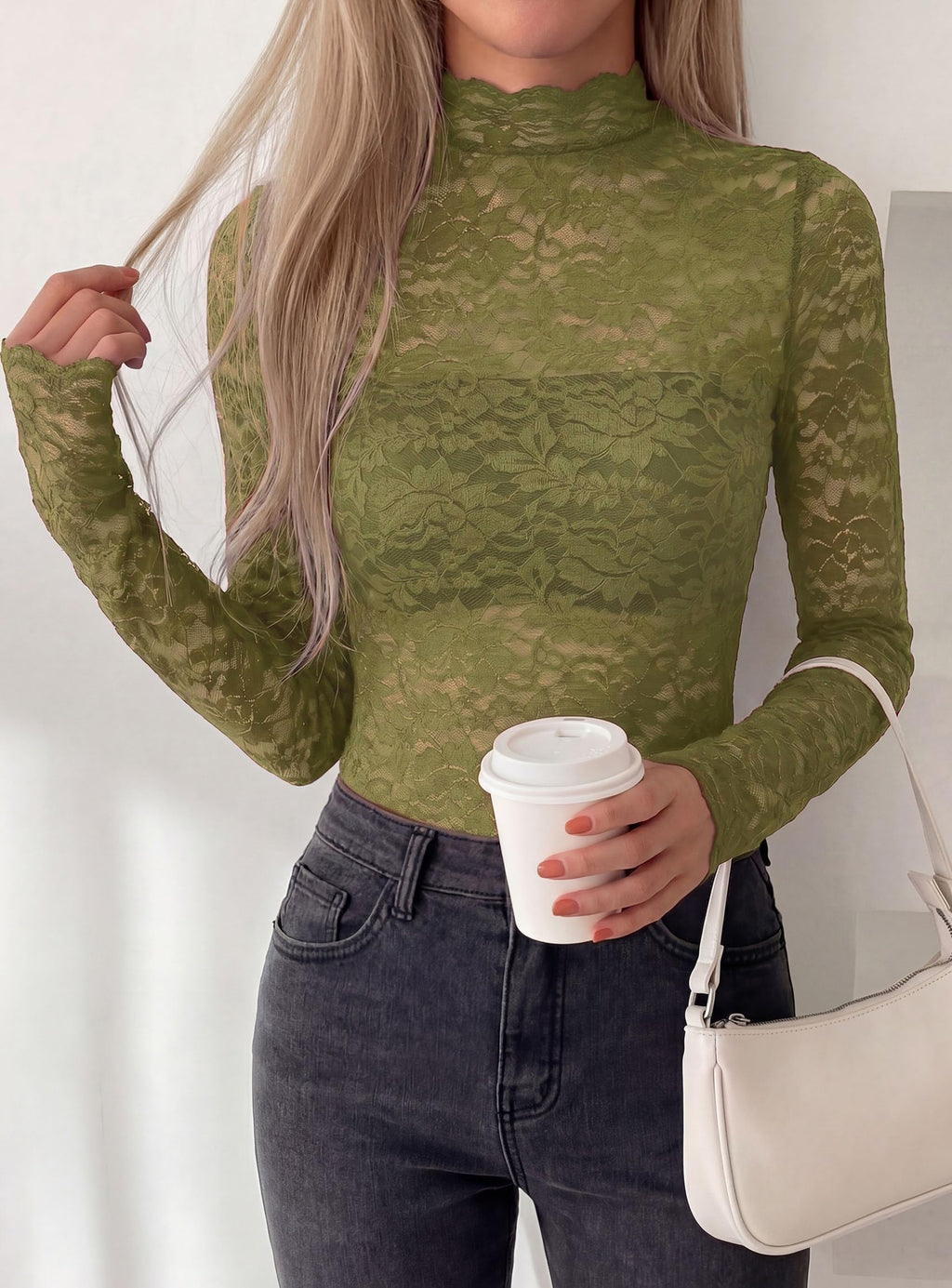 PRETTYGARDEN Womens Lace Long Sleeve Tops Sheer Mesh Blouse | Mock Neck Floral See Through, Slim Fitted, Soft Stretchy Elegant, Going Out Concert, Club Party Outfits, Fall Fashion Clothes