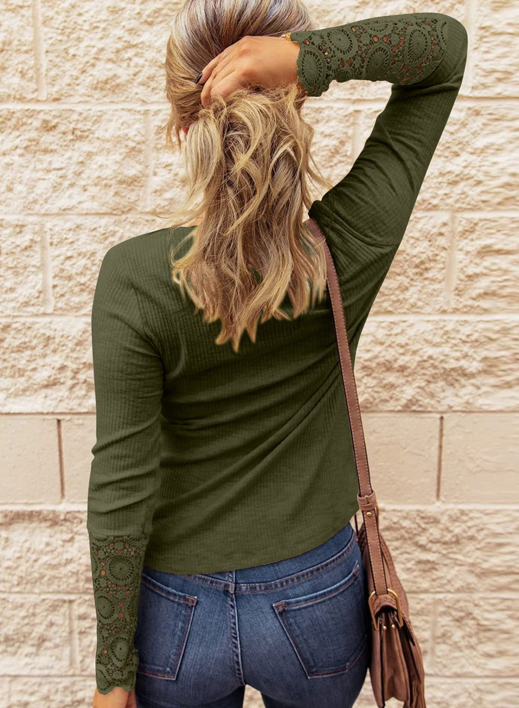 FreshPretty Women Long Sleeve Shirts Spring Solid Button Up V Neck Lace Long Sleeves Slim Fit Knit Casual Fall T-Shirts