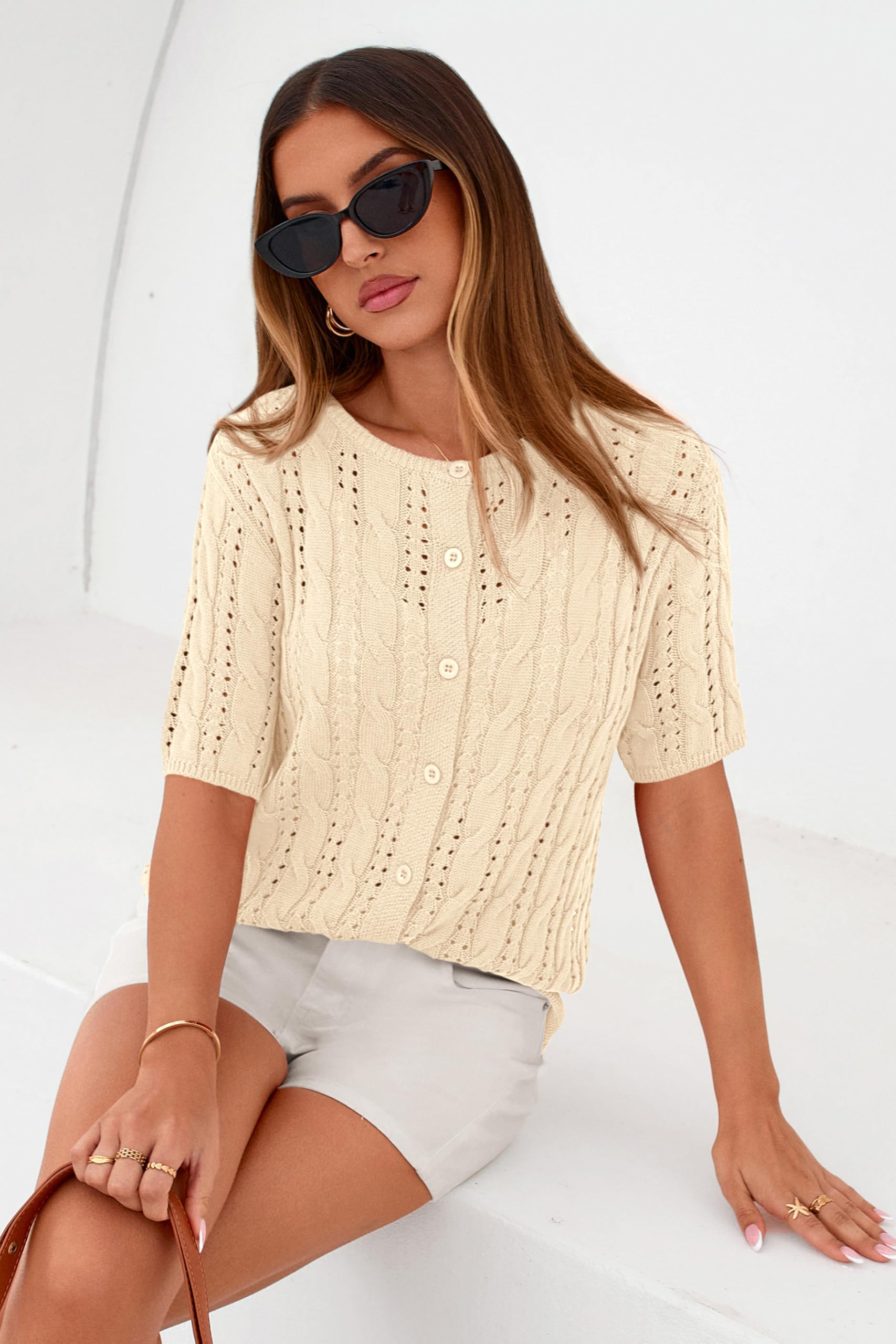 FreshPretty  Women Summer Cable Knit Crochet Cardigan Sweaters Casual Button Short Sleeve Sweater Cute Beach Hollow Out Knit Top