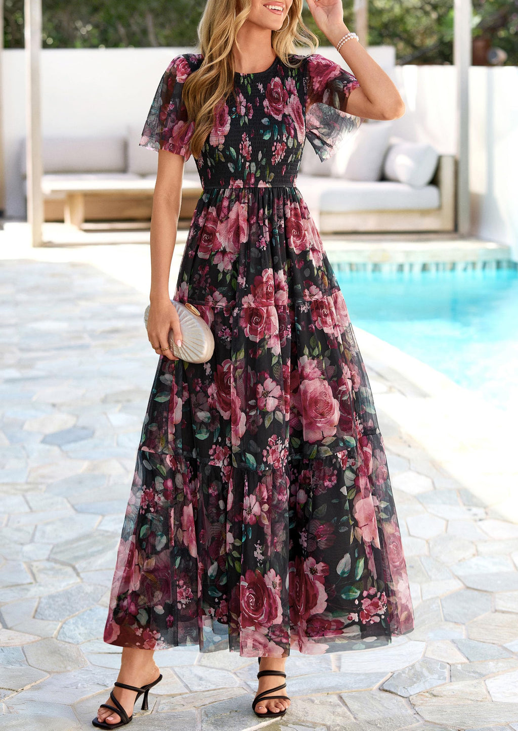 PRETTYGARDEN Tulle Floral Dress Women Summer Wedding Guest  Spring Short Sleeve Maxi Smocked Flowy Beach Party Dresses