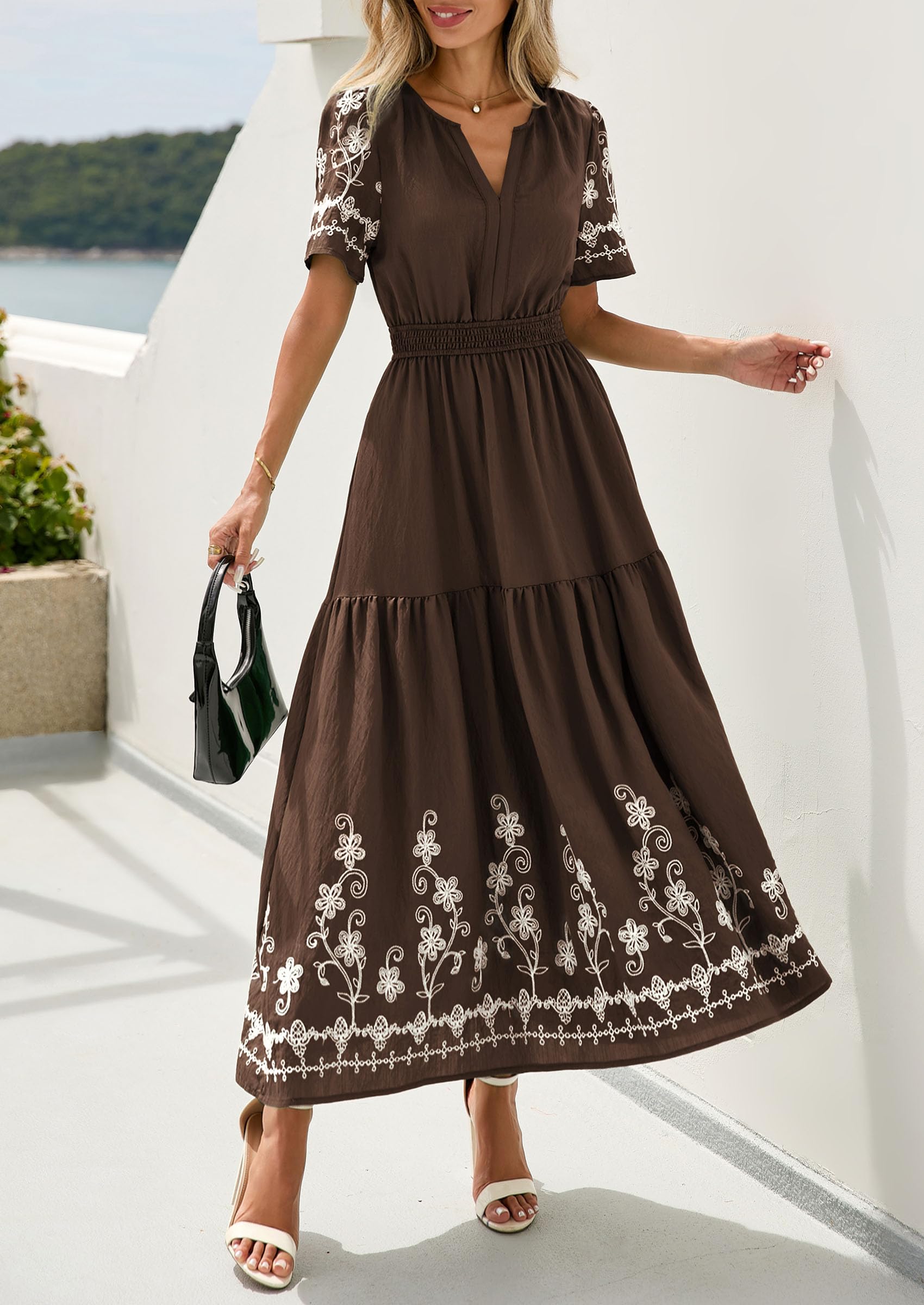 PRETTYGARDEN Women's Summer Boho Maxi Dress Spring Floral Short Sleeve V Neck A Line Flowy Beach Wedding Guest Dresses