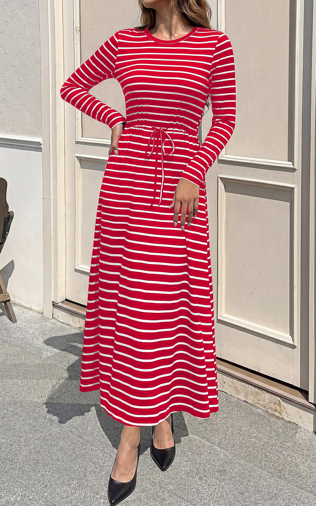 FreshPretty Long Sleeve Maxi Dresses for Women Fall Casual Loose Striped Dress|Cotton T Shirt Dress, Loose Fit Dress with Pocket, Business Casual Work Teacher, Fall Outfits
