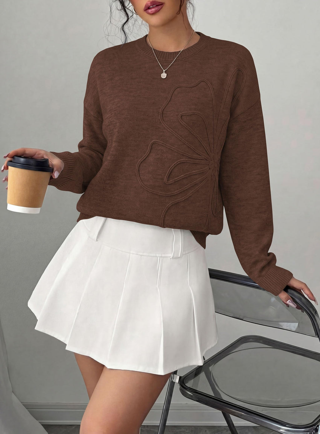 PRETTYGARDEN Women Fall Sweaters Trendy Floral Knit Pullover | Flower Embroidered Tops, Crew Neck, Soft Long Sleeve Shirts, Cozy Winter Layering Clothes for Casual Outing, Holiday Party