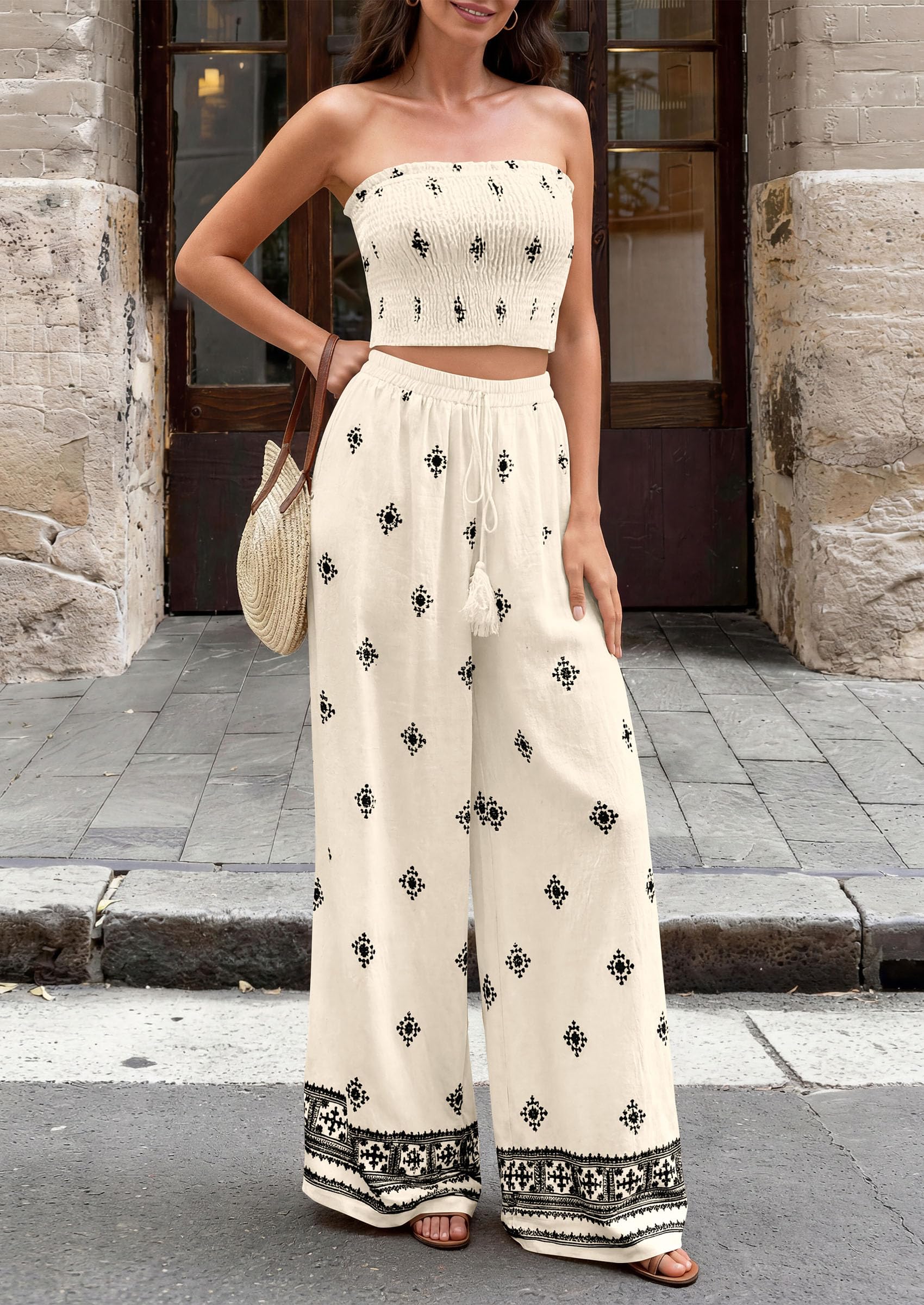 PRETTYGARDEN 2 Piece Sets for Women Summer  Travel Outfits Print Tube Tops Wide Leg Pants Beach Vacation Clothes